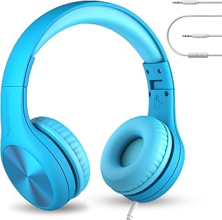 LilGadgets Connect+ Pro Kids Headphones: Volume Limited Wired Over-Ear with SharePort, Mic, Blue - Safe School & Travel Headset