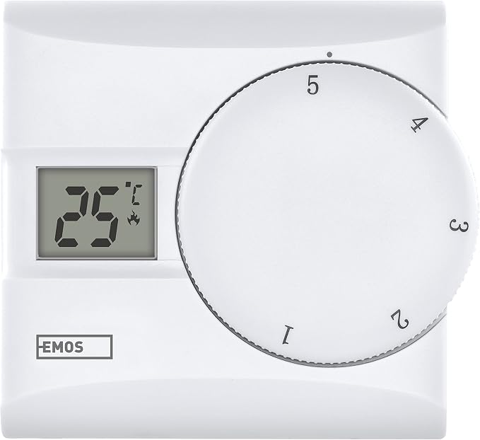 EMOS termostato Digital LCD Manual, con Cable, 5–30 °C, calefacción/refrigeración, fácil Uso, Montaje en Superficie, Pilas Incluidas, Blanco
