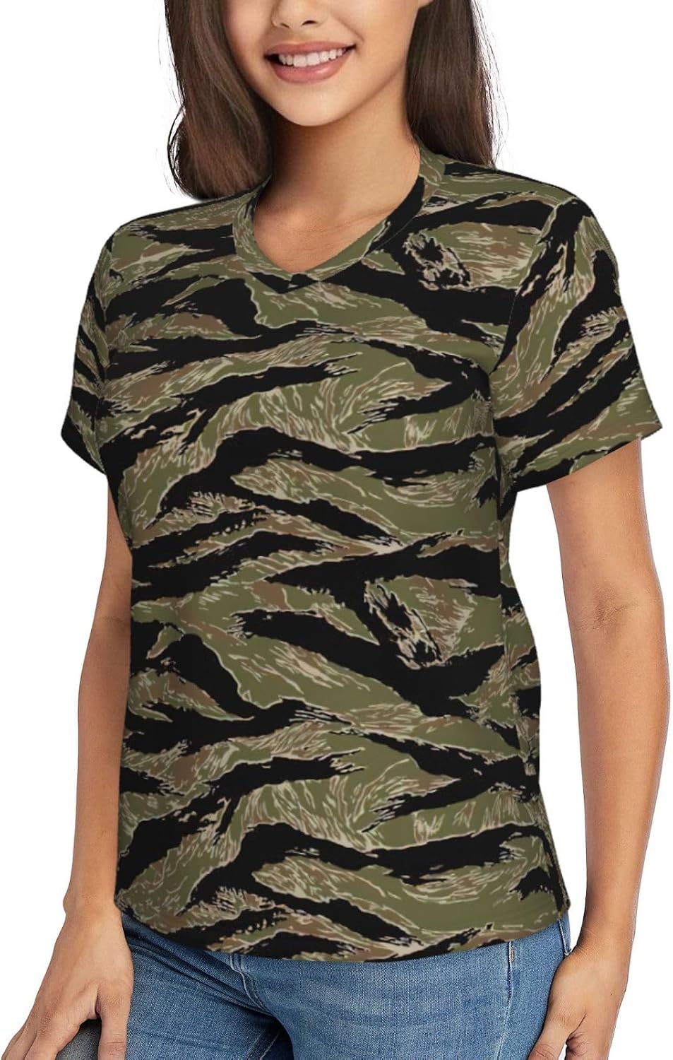 Women Casual Tiger Stripe Camo Print V-Neck T-Shirt Short Sleeve Summer Trendy Tops.
