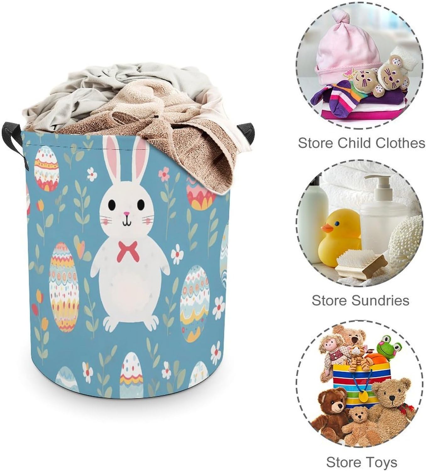 Bunny Rabbit Easter Eggs Novelty Collapsible Laundry Baskets Waterproof Clothes Hamper Storage Bins with Handles 13.8"x13.8"x17.3" 17.3"x17.3"x17.3"