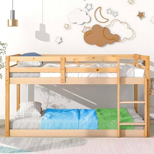 Anwick Litera baja de tamaño individual sobre individual con escaleras y rieles, marco de literas de madera con barandilla de seguridad y listones