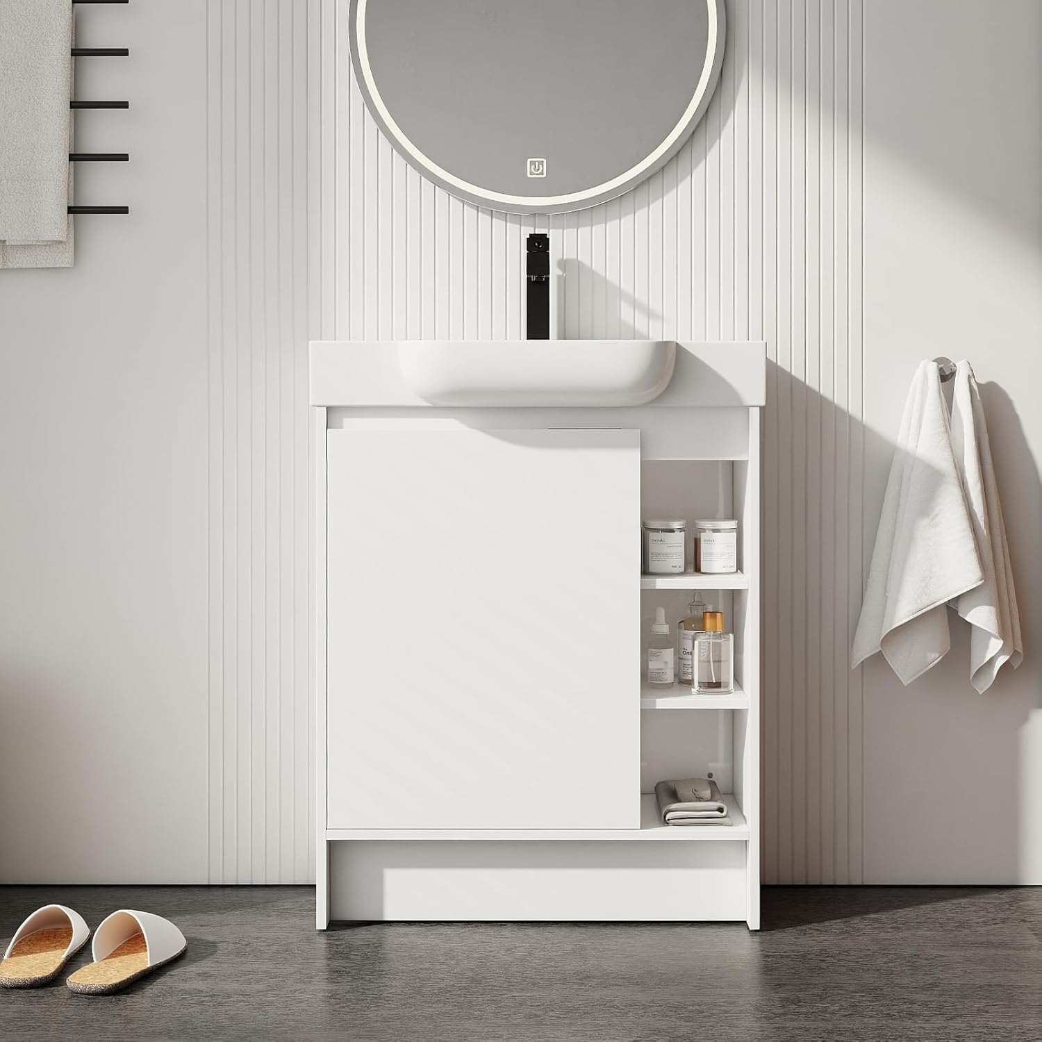 28" Bathroom Vanity with Ceramic Sink, 28 Inch Modern Freestanding Single Sink Bathroom Vanity Combo, Brown Floor Stand Storage Cabinet Set with Open Shelves