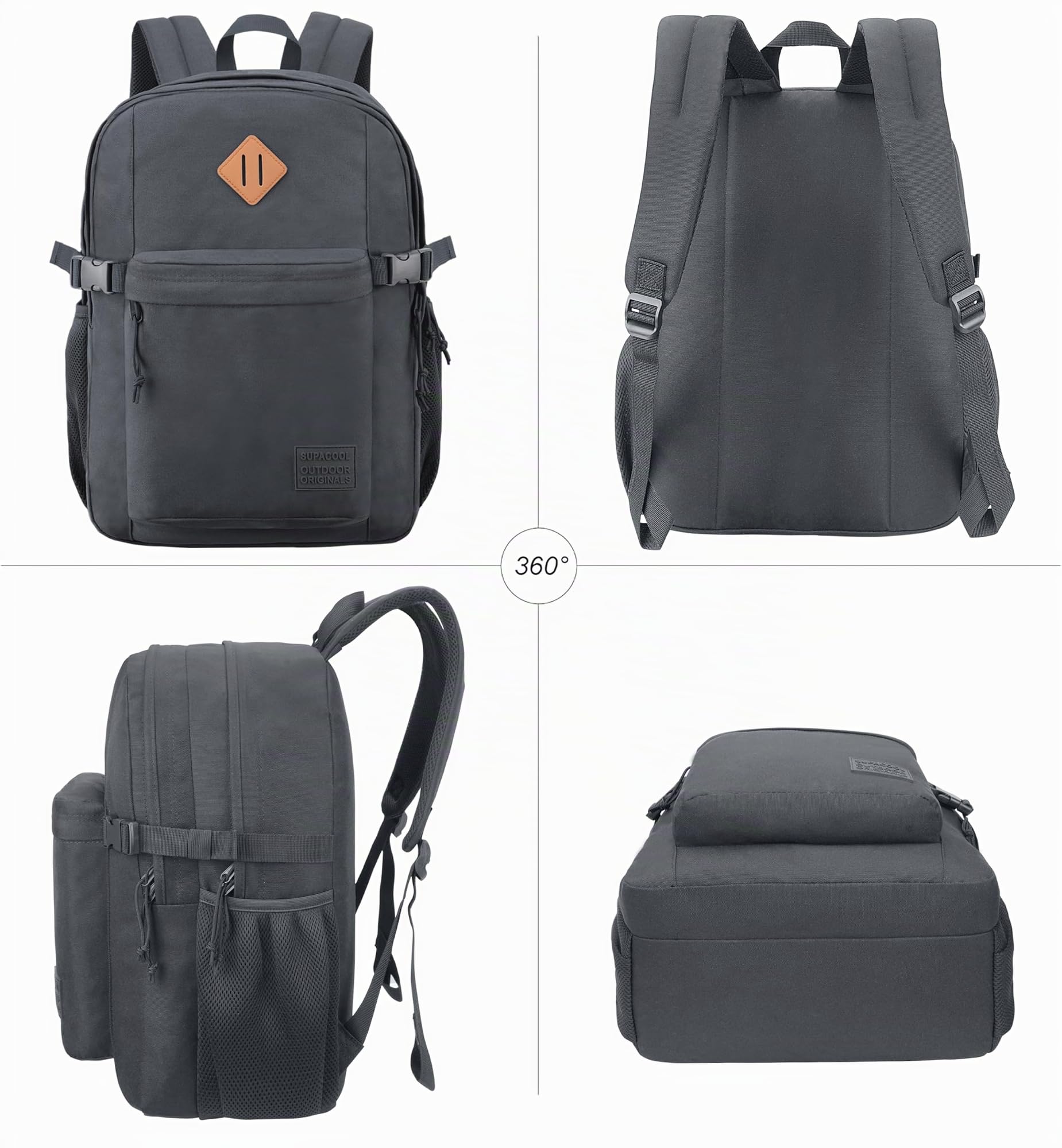 SUPACOOL Sac à Dos Léger et Décontracté pour Homme et Femme, Grand Sac à Dos pour écolier, Garçons et Filles, 16.5 Inch, Gris