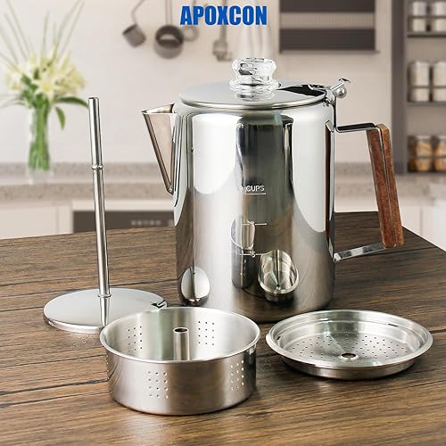 Miniatura 2 de APOXCON Percolator - Cafetera de acero inoxidable con perilla de cristal, cafetera compacta para fogata o estufa, cafetera, para hacer café, viajes