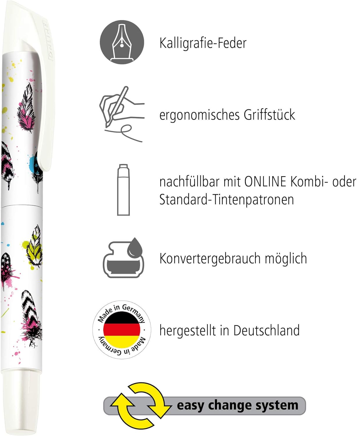 Online Calligraphy fountain pen/Best writer Campus Coloured Feather - iridium nib size 0,8 mm, ergonomic soft grip, for standard ink cartridges, refillable, ideal for beginners/pupils/students