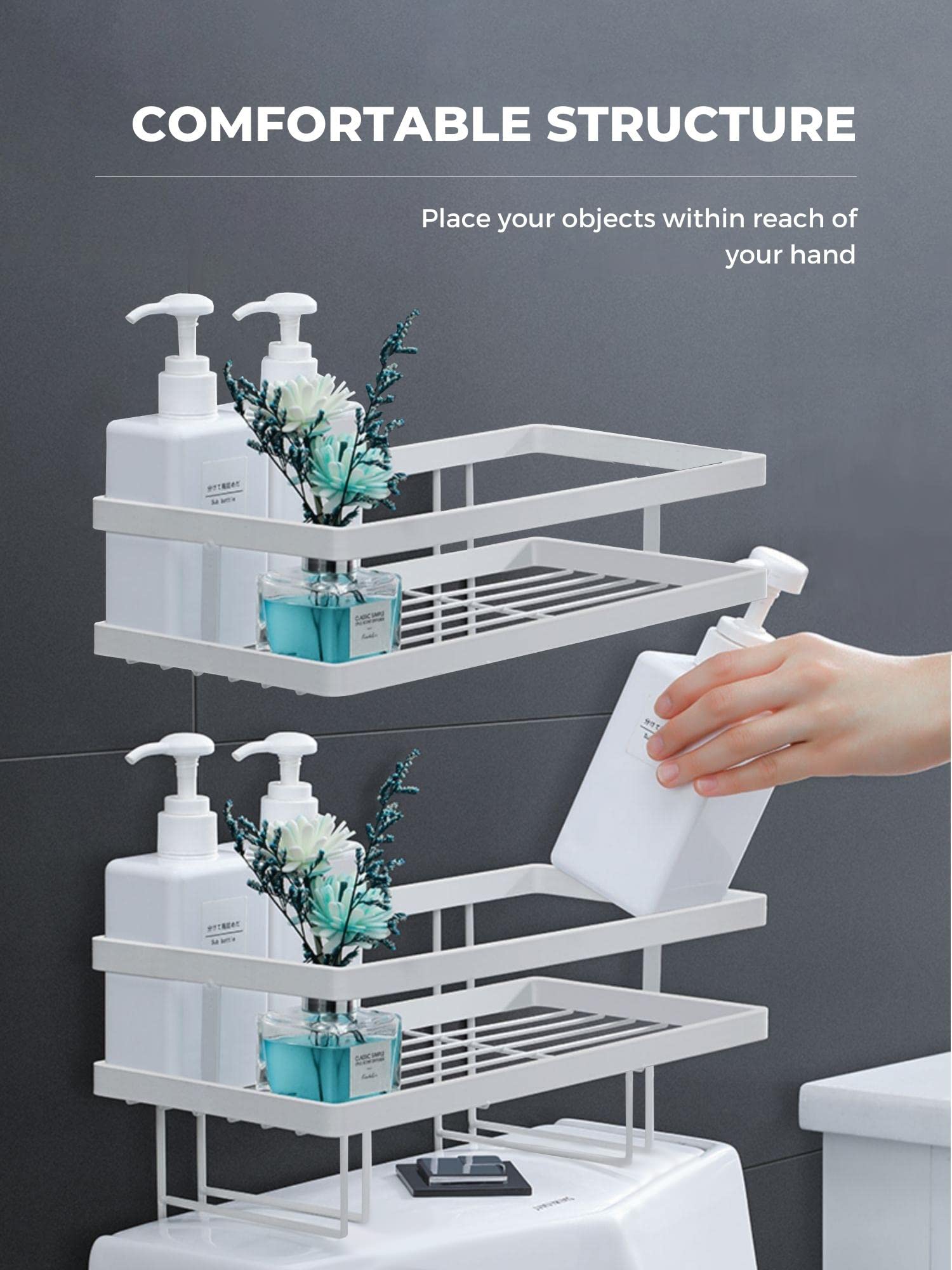 Estantería de Baño sobre el Inodoro. Organizador sobre el WC de Base Adhesiva con Tres Ganchos para Colgar Esponjas o Cepillos. Balda de Inodoro para Almacenar Papel Higiénico y Accesorios de Baño.