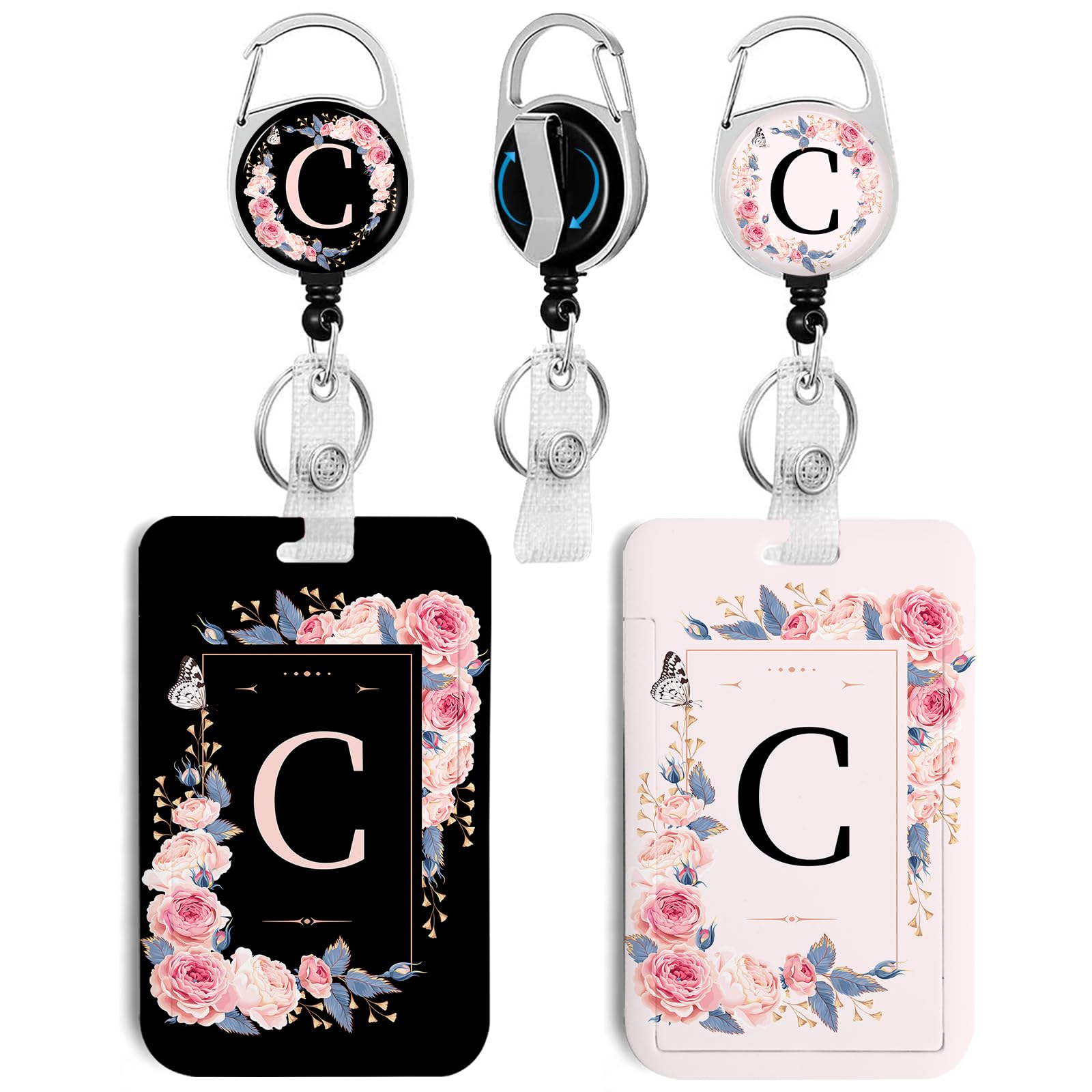 2 Pack A-Z Letter ID Badge Holder with Clip Badge Reels Retractable Heavy Duty,Keychain，ID Holder for School Nurse Office C