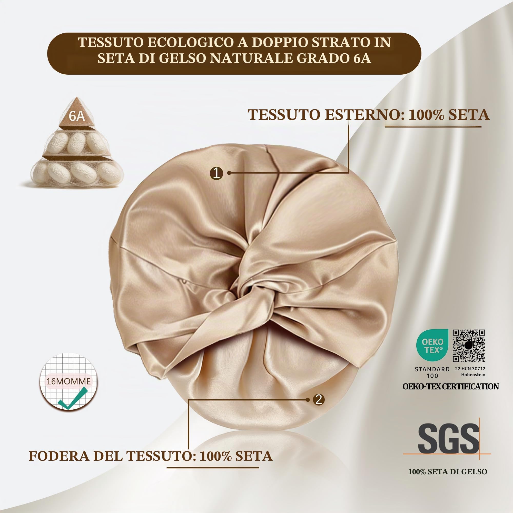 townssilk 100% Seta di gelso, Cappello da Notte da Donna, 16 Momme, in Seta, Ideale per i Capelli, Protegge i Capelli, Cappello da Notte in Seta, Doppio Strato,Coffee