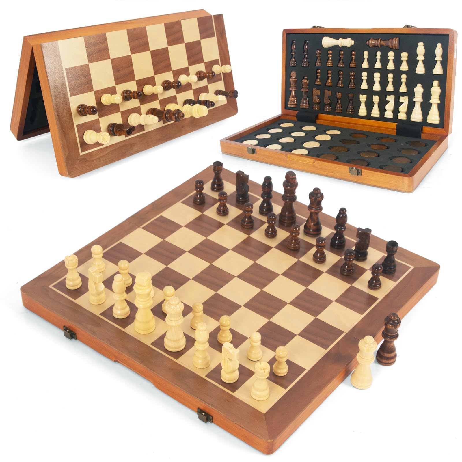 WoodenFun Magnetic Chess Game Controls Wooden for Adults and Children, Walnut Wood, Foldable Chess Board, 40 x 42 cm, Portable Chess Game, Nut and Pine Wood