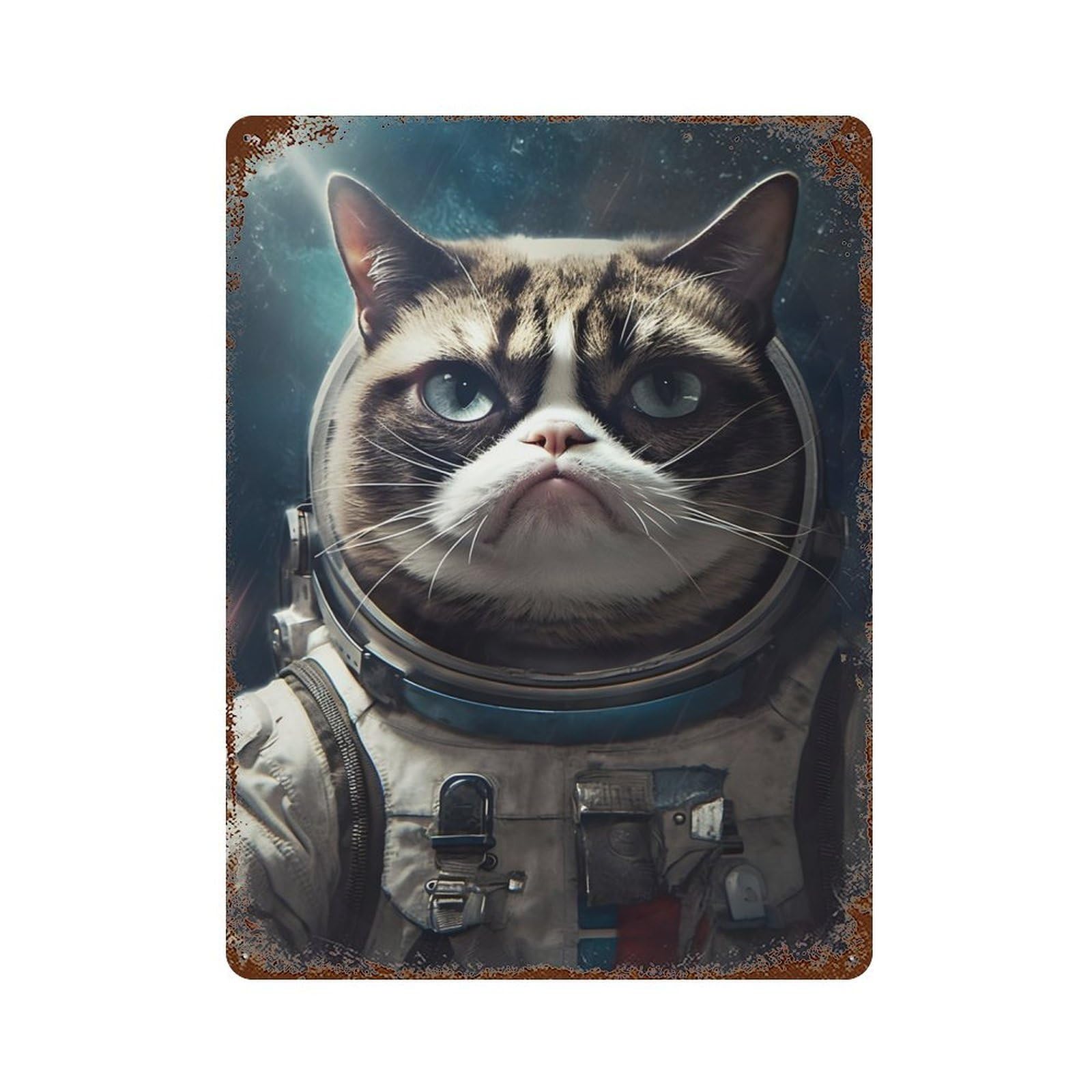 Garage Style Grumpy Cat Space Astronaut Rusty Metal Tin Sign 15.7"x11.8", Shabby Chic Decor for Bar And Workshop