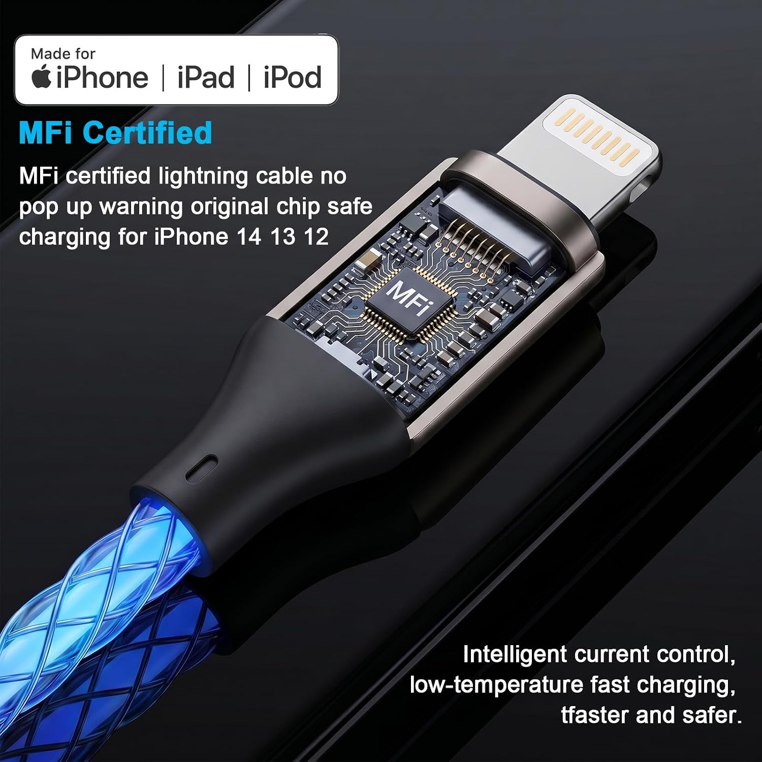 LED Lightning Cable, Light Up iPhone Charger Cord MFi Certified USB A to iPhone Charger Cord with Colorful Gradual LED Light, Fast Charging Data Sync Wire for iPhone 14/13/12More (Blue, 3FT) image 5