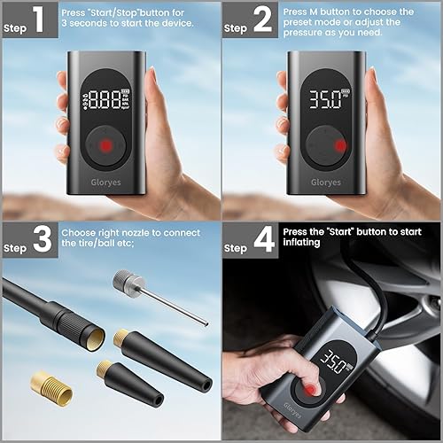 Miniatura 7 de Gloryes Inflador de neumáticos inalámbrico, compresor de aire portátil, bomba de aire de neumáticos para automóvil portátil, bomba de neumáticos de
