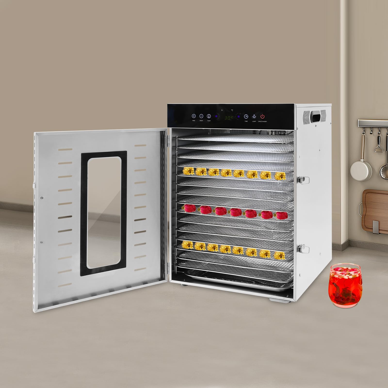 Essiccatore per alimenti in acciaio inox, 1350 W, 16 ripiani, con pannello touch, circolazione dell'aria calda orizzontale, protezione contro il surriscaldamento, essiccatore per casa, caffetteria