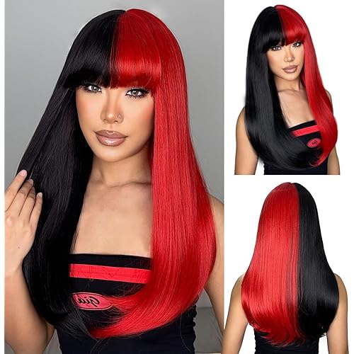 ENTRANCED STYLES Long Black and Red Wig with Bangs Half Red Straight Wigs for Women Synthetic Heat Resistant Wig for Halloween Cosplay Party Daily Wig Use 22Inch