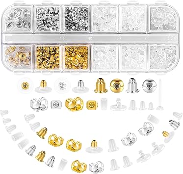 iBayam 620pcs 12 Style Earring Backs Metal Rubber Silicone for Studs | 12 styles Earring Backings metal, rubber & silicone backs for studs, hoops & fishhooks. Clear, soft & secure all-day hold