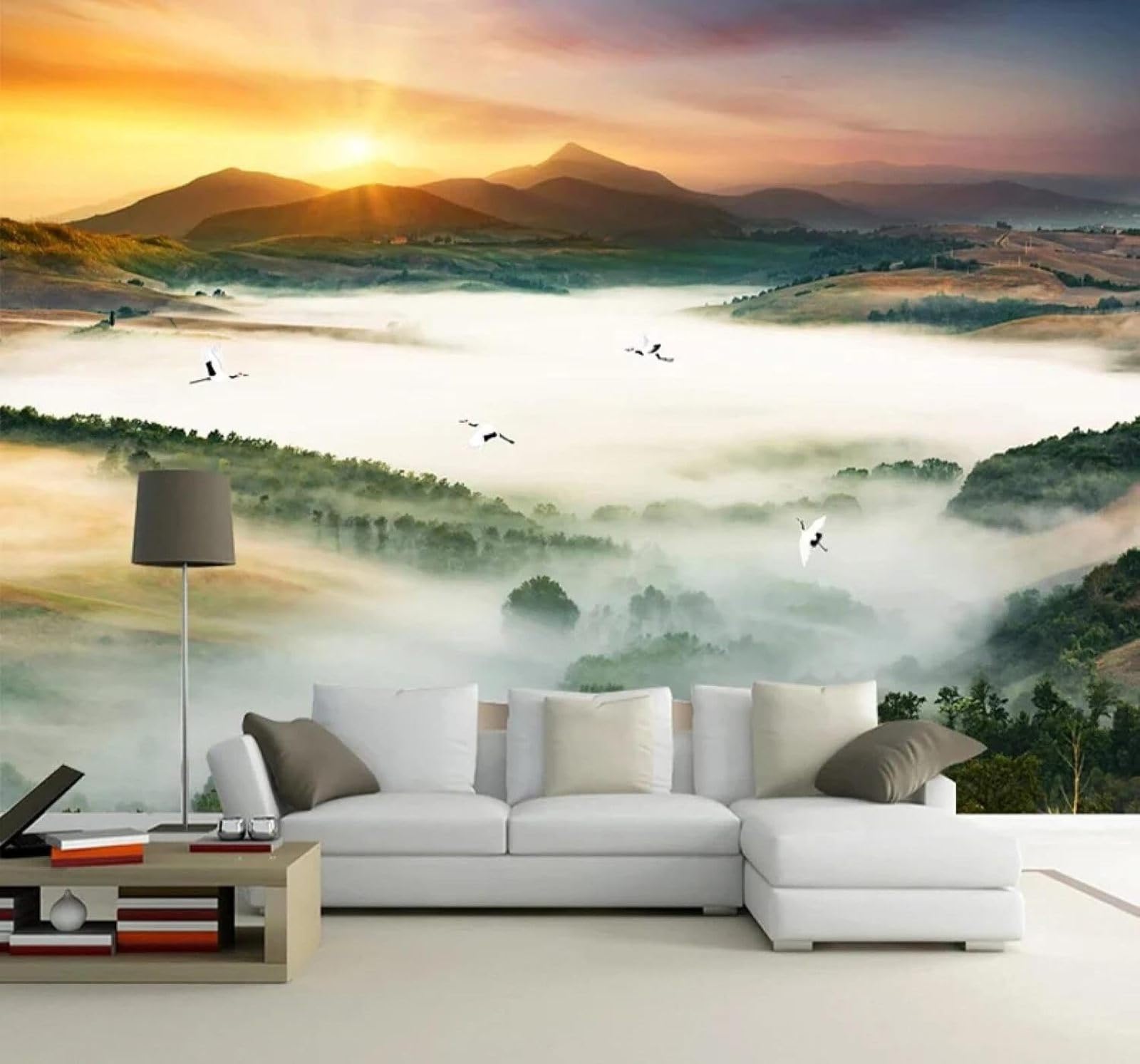 Xlming 400Cm×280Cm(B×H) Beautiful Sunshine Mountains And Rivers Birds In Flight Scenery 3D Wallpaper Luxury Silk Study Dining Feature Sofa Grey Bedroom Living Room Tv Decorative Wall-400Cm×280Cm