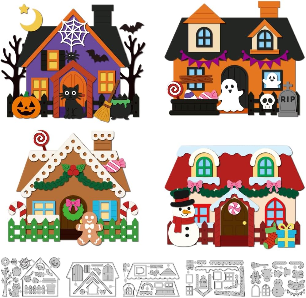 Halloween Christmas Cutting Dies Houses Making Carbon Steel Die Cut Stencils Blessing Card Scrapbooking Embossing Template Dies for Birthday Greeting Card Album Invitation Decor