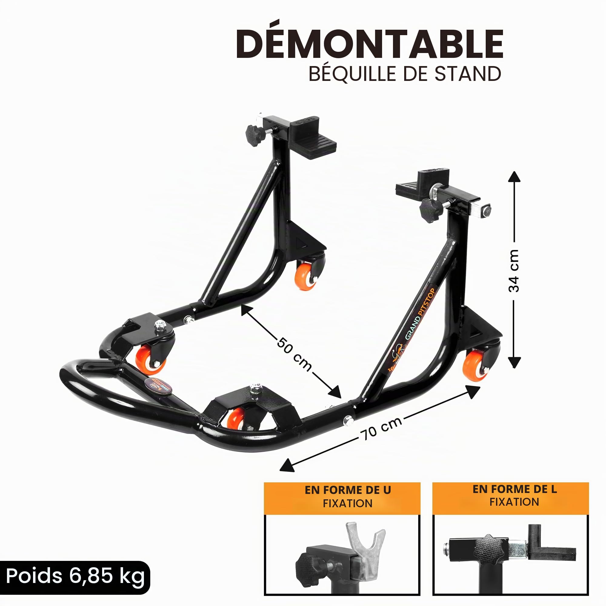 Grand Pitstop Béquille arrière réglable universelle pour moto avec bras oscillant (démontable à 360°, noir, poids de la moto jusqu'à 226 kg)