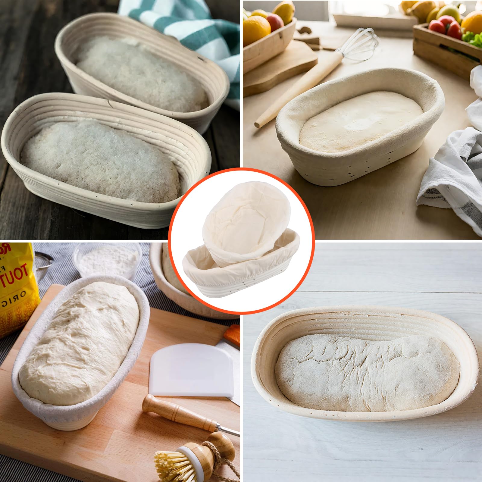 SINJEUN Banneton pour Pain - Lot de 2 Panier de Fermentation Ovales 25 cm et 28 cm en Rotin avec Tissu en Lin - Cuisson Levain