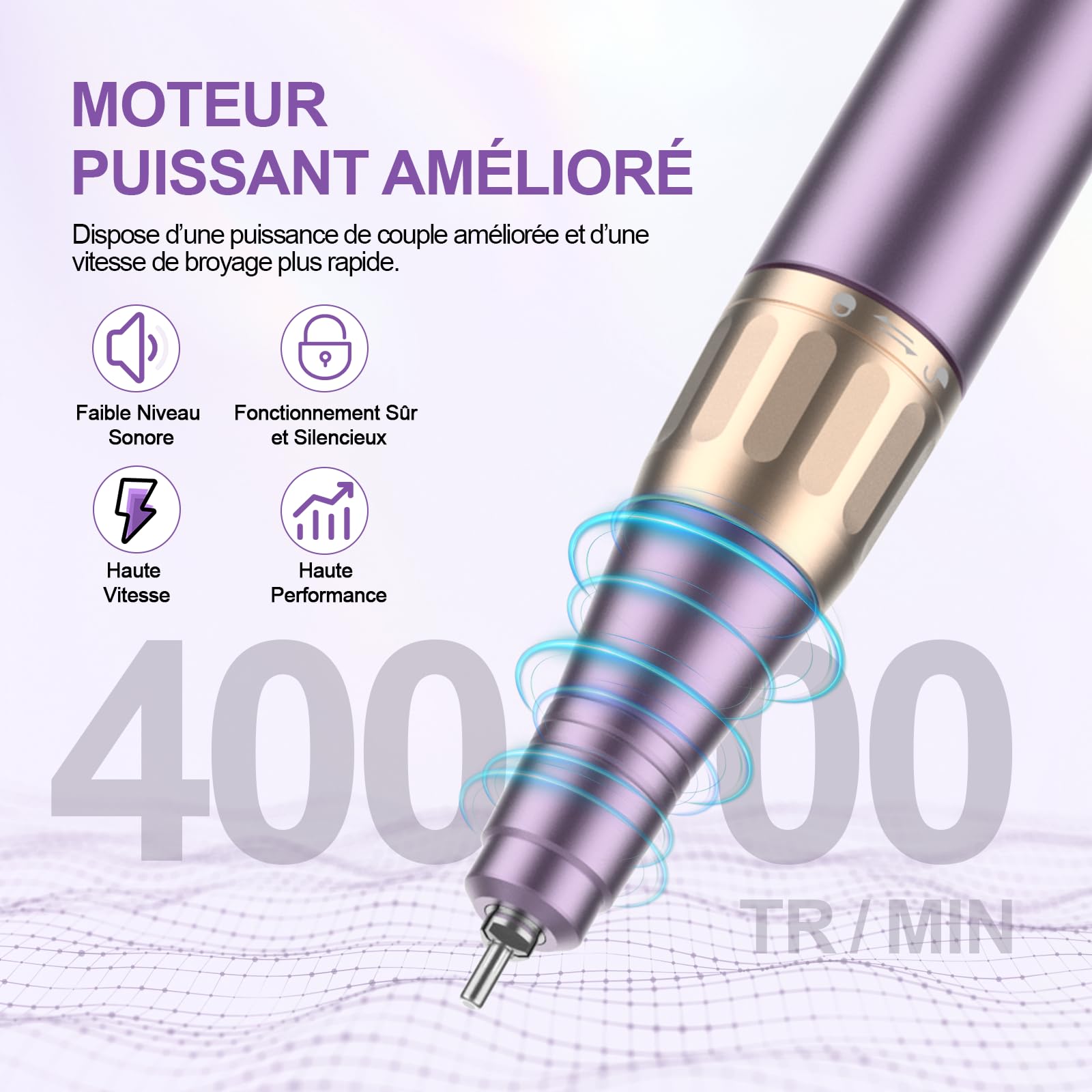 Ponceuse pour Ongles Professionnel 40000 tr/min, 12 en 1 Ponceuse Ongles pour Acrylique/Gel, Lime a Ongle Electrique Portable Rechargeable, Set Manucure Pédicure pour Salon/Maison (Violet)