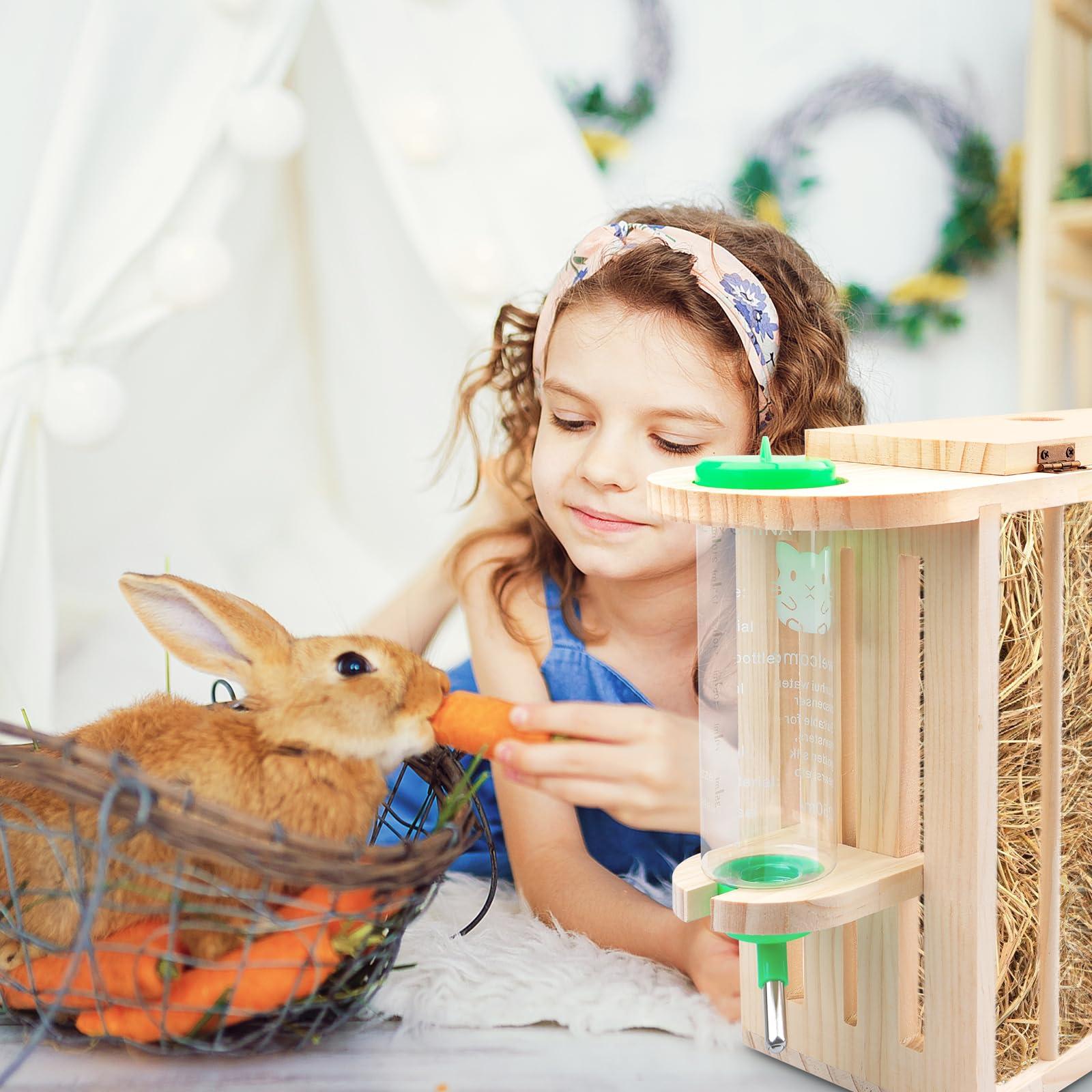 Heuraufe Kaninchen Mit Höhenverstellbarer Trinkflasche, Futterspender Heu Kaninchen, Meerschweinchen Heuraufe, Naturholz, Für Kaninchens Hamster Chinchillas Meerschweinchen