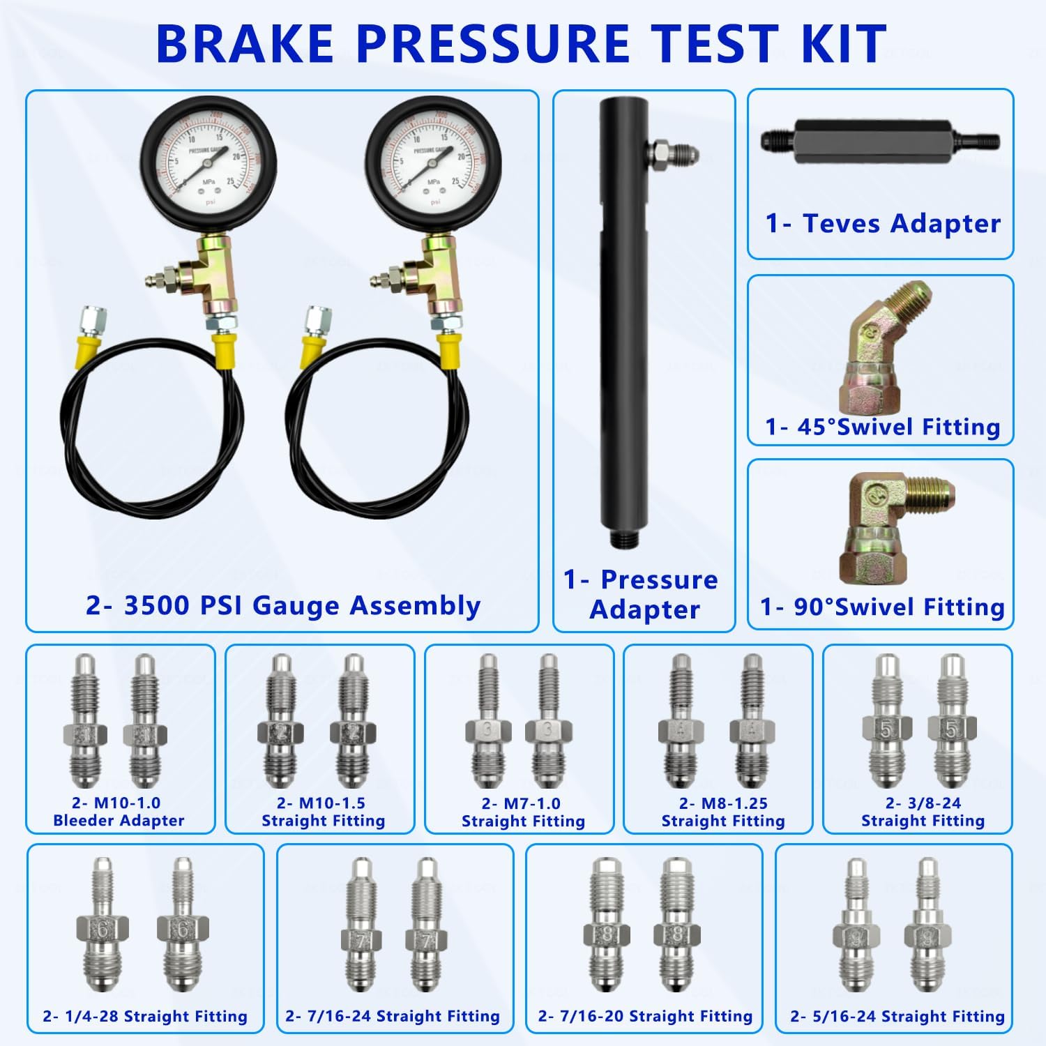 Testeur de pression de frein, manomètre de frein universel, 0-3500 psi, kit de jauge de pression d'huile hydraulique ABS, outil de diagnostic de système de freinage pour voiture à essence