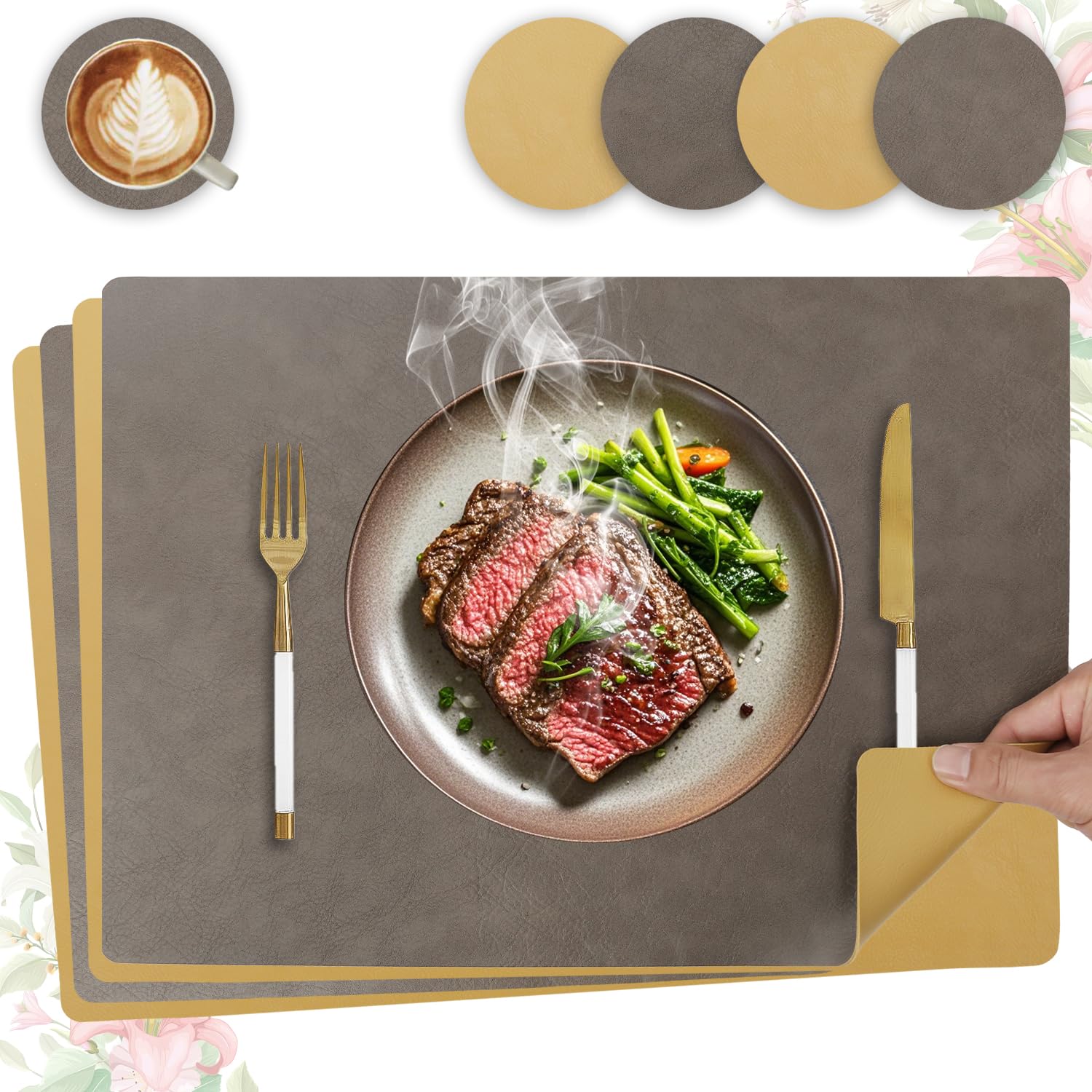 Heli MAIO Tischsets und Untersetzer 4er Set,Platzsets Abwaschbar und Doppelseitigen rutschfest Platzdeckchen,Tischset Leder Kunstleder,Platzdeckchen wasserdicht