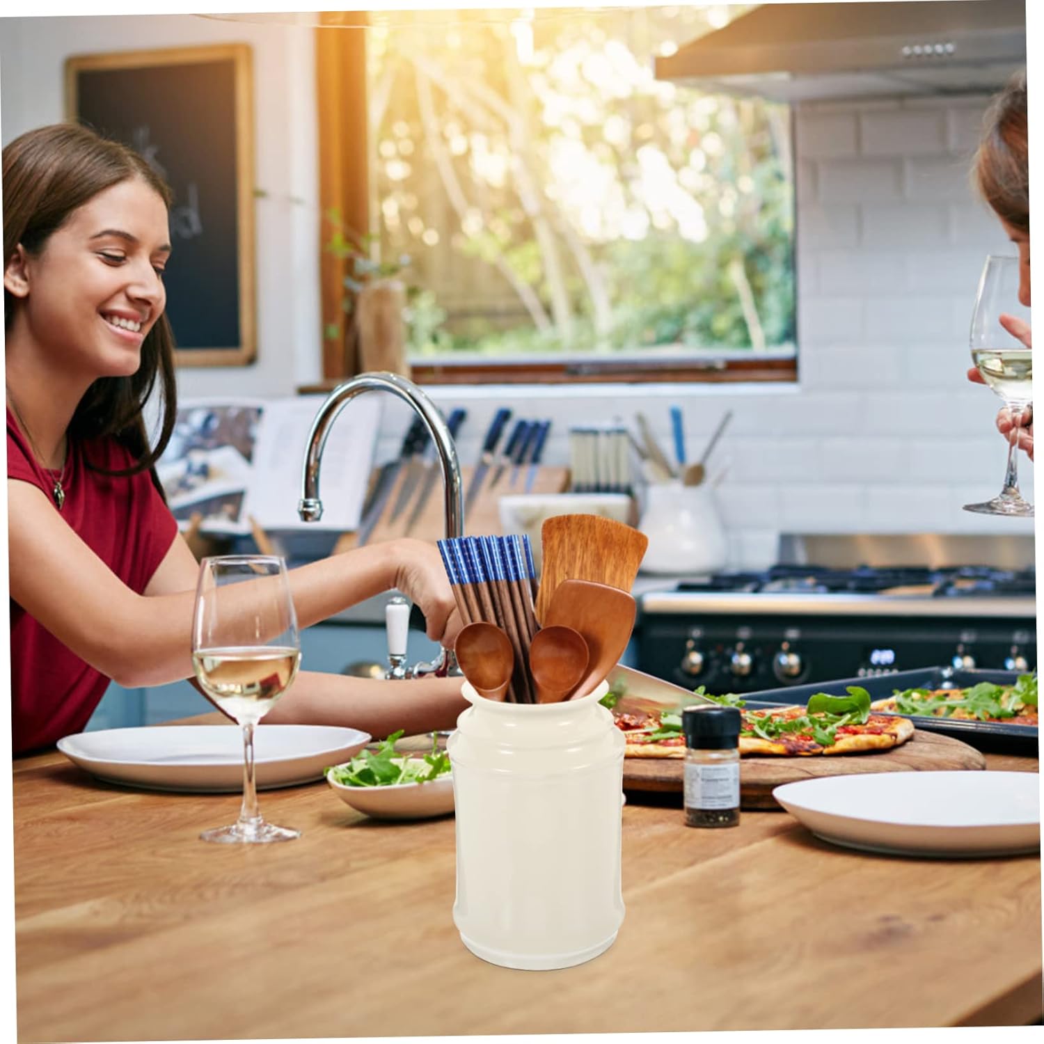 Mobestech Ceramic Utensil Holder for Kitchen Counter Multi-functional Cutlery Storage Can Draining Feature for Chopsticks and Spoons for Home Decor