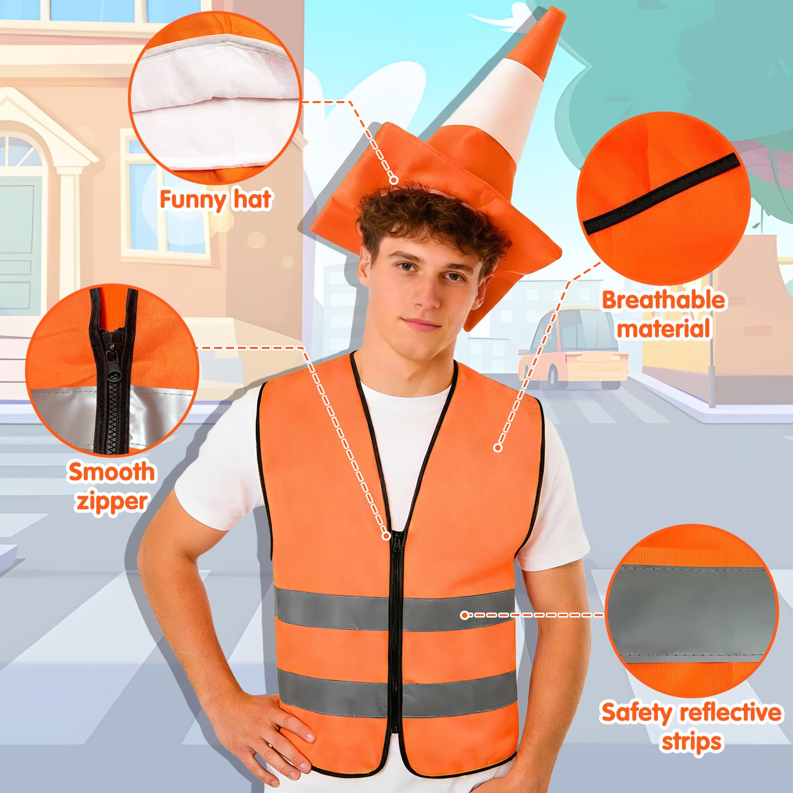Kyndara 2Pcs Traffic Cone Costume Set for Adult, Unisex Traffic Cone Outfit Accessory Kit with Reflective Visibility Vest Hat for Halloween World Book Day Party Cosplay - Image 3