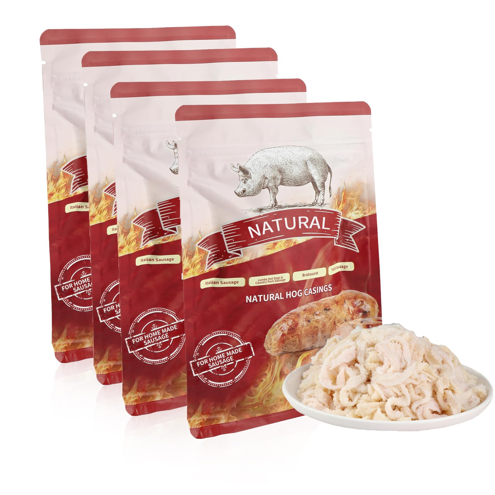 Natural Hog Casings(pack of 4), Makes between 140 to 180 lbs Edible Sausage Casings,Bratwurst at about 1.5”Stuffed Diameter Sausage Links