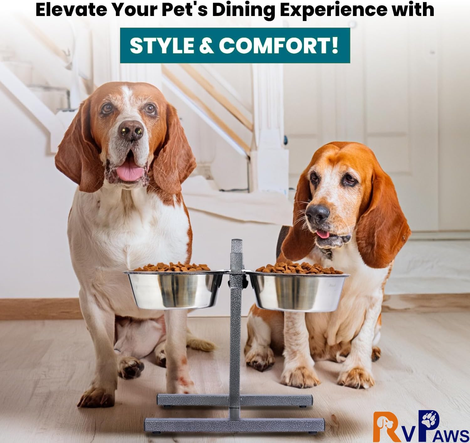 RvPaws Stainless Steel Double Diner Food Adjustable Bowl Stand for Dog H Type (Large) 2800 ML Each Bowl 2