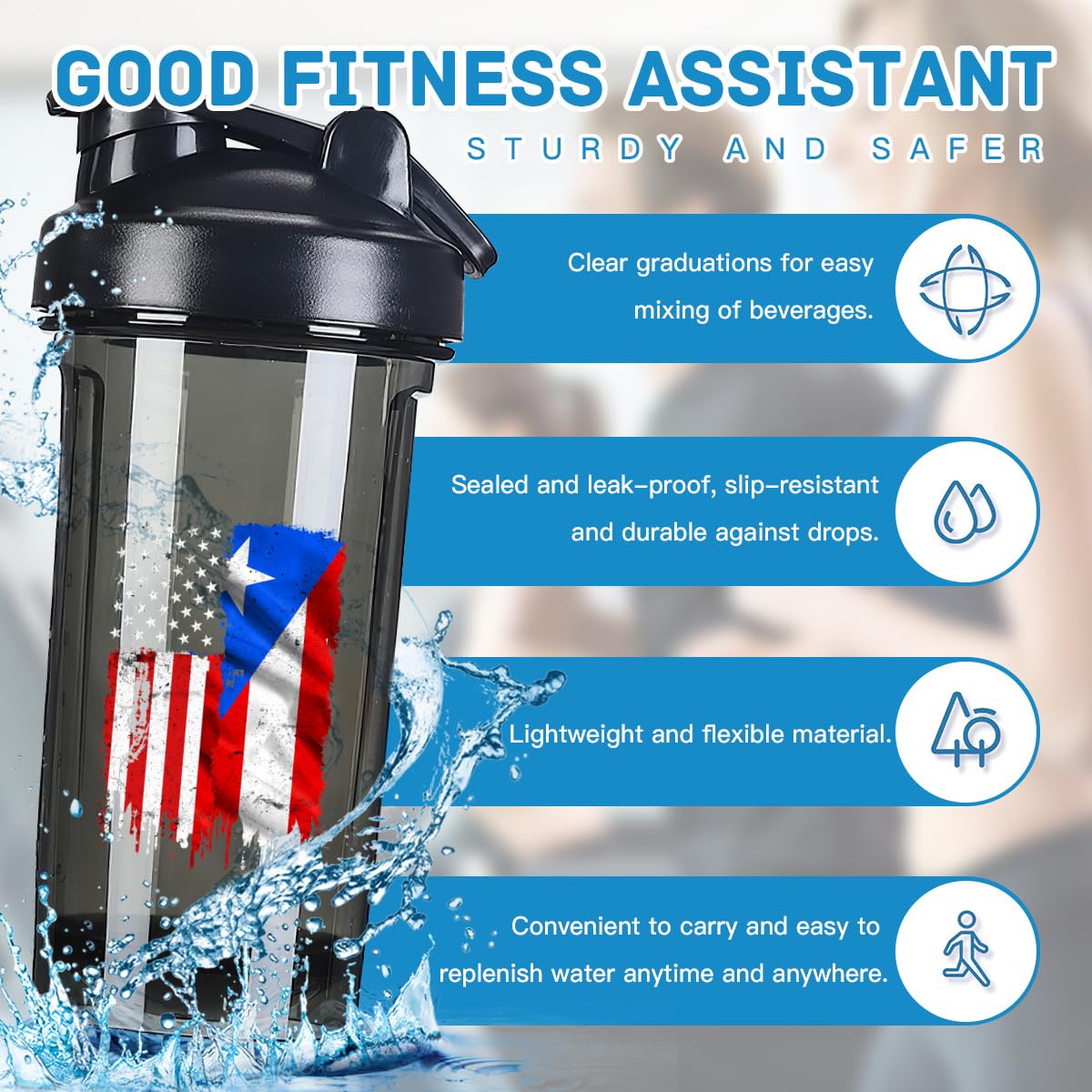Vintage America And Porto Rico Flag 18 Ounce Shaker Cup,Fashion Theme Pattern Shaker Bottle Leak-proof Workout Shake Bottles 500ML/18 oz Perfect for Pre Workout Black 0