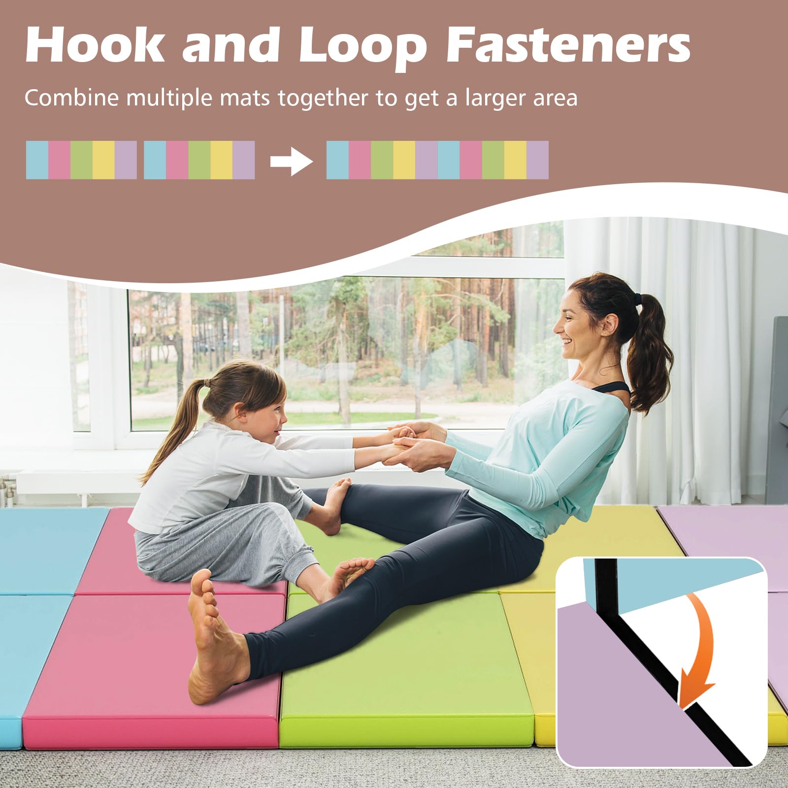 FANTASK Klappbare Weichbodenmatte, 200 x 75cm, Fitnessmatte aus PU 5 fach faltbar, Gymnastikmatte mit Tragegriff, Spielmatte, Sportmatte zuhause für Kinder Erwachsene, Macaron