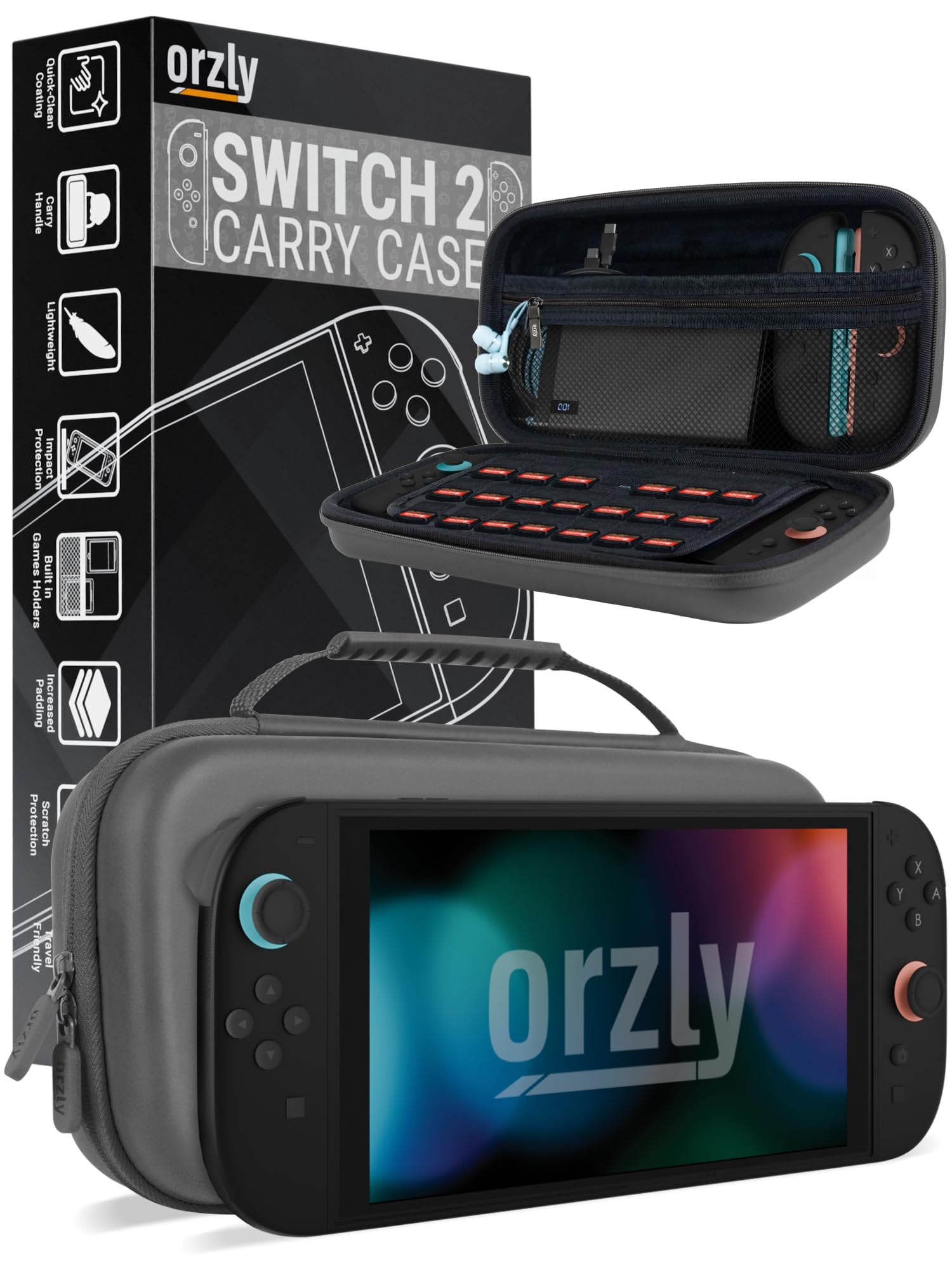 Orzly Tragetasche für die Nintendo Switch 2 (2025) Konsole, 7,9 Zoll Bildschirmschutz, Hartschalenetui mit intelligenter Aufbewahrung für Zubehör und Spiele, Taschen, Geschenkbox-Edition