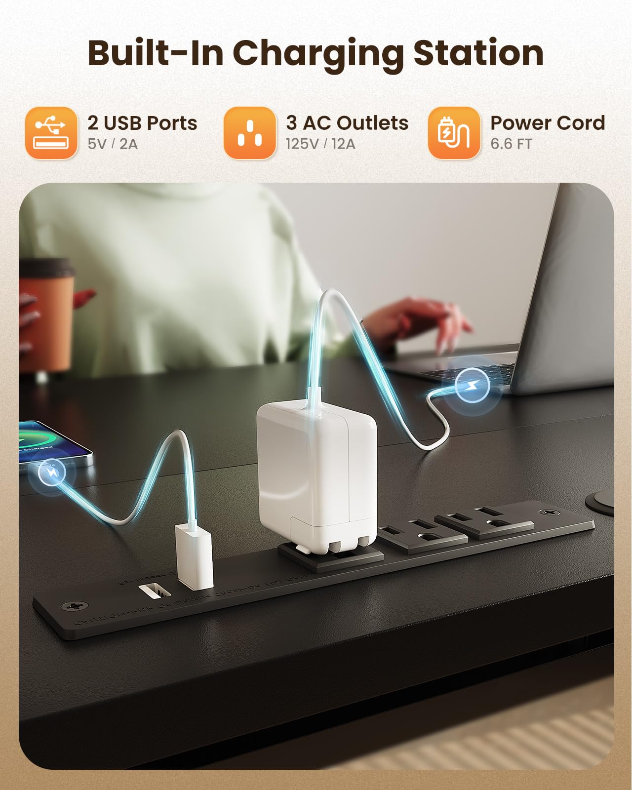 OffiGo Electric Standing Desk with 3 Wooden Drawers 48 Inch Height Adjustable Desk with Power Outlets LED Lights — view 7