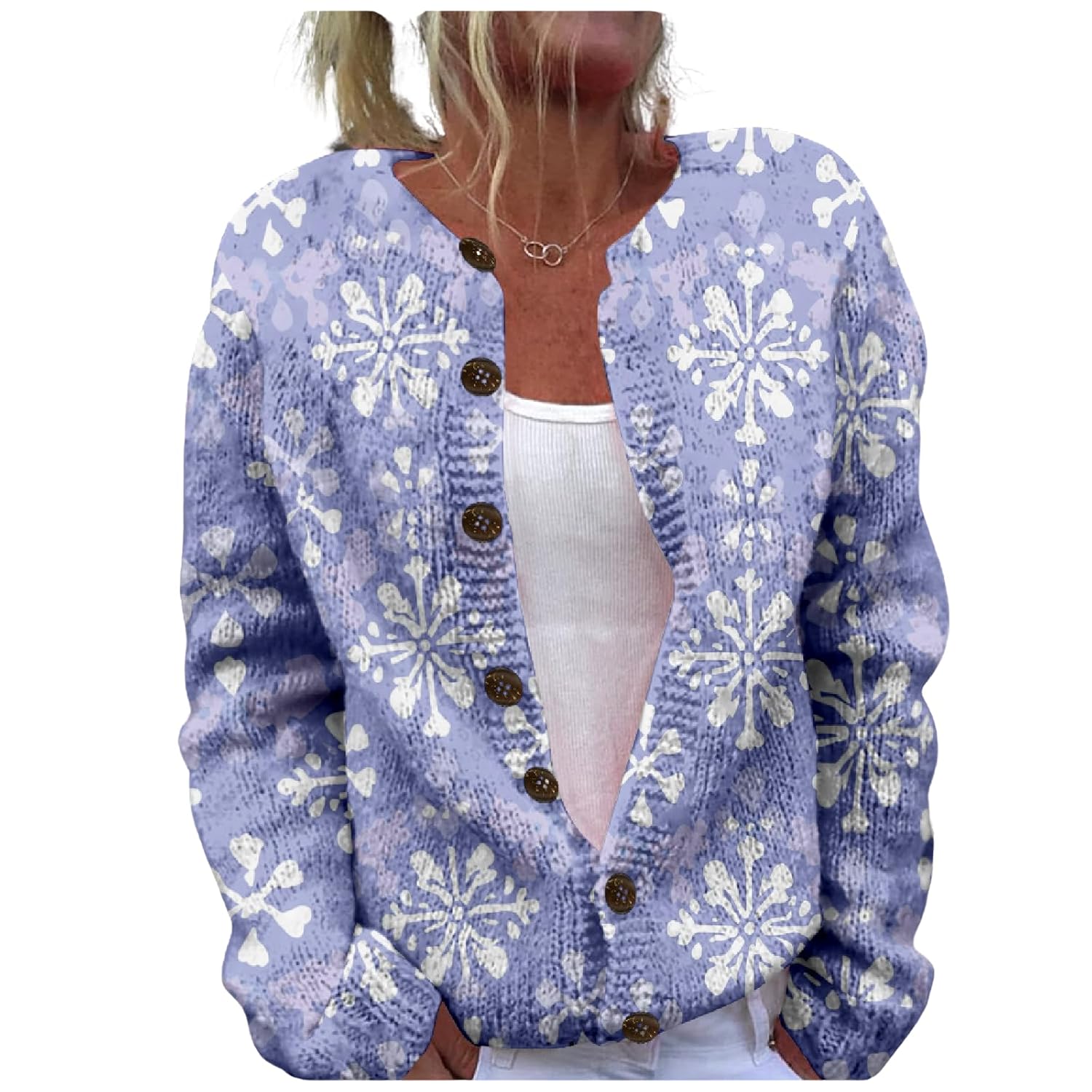 MARSVOVO Christmas Cardigan for Women Vintage Snowflake Print Plus Size Open Front Button Cute Xmas Graphic Coat
