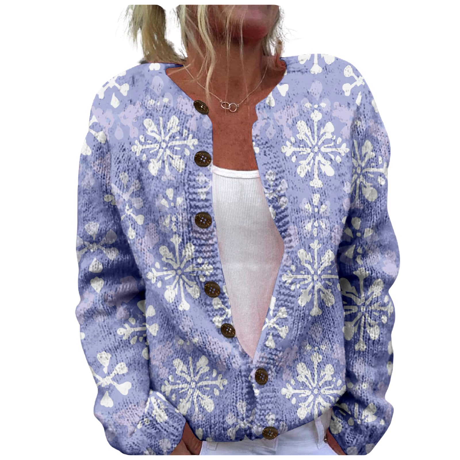 MARSVOVO Christmas Cardigan for Women Vintage Snowflake Print Plus Size Open Front Button Cute Xmas Graphic Coat