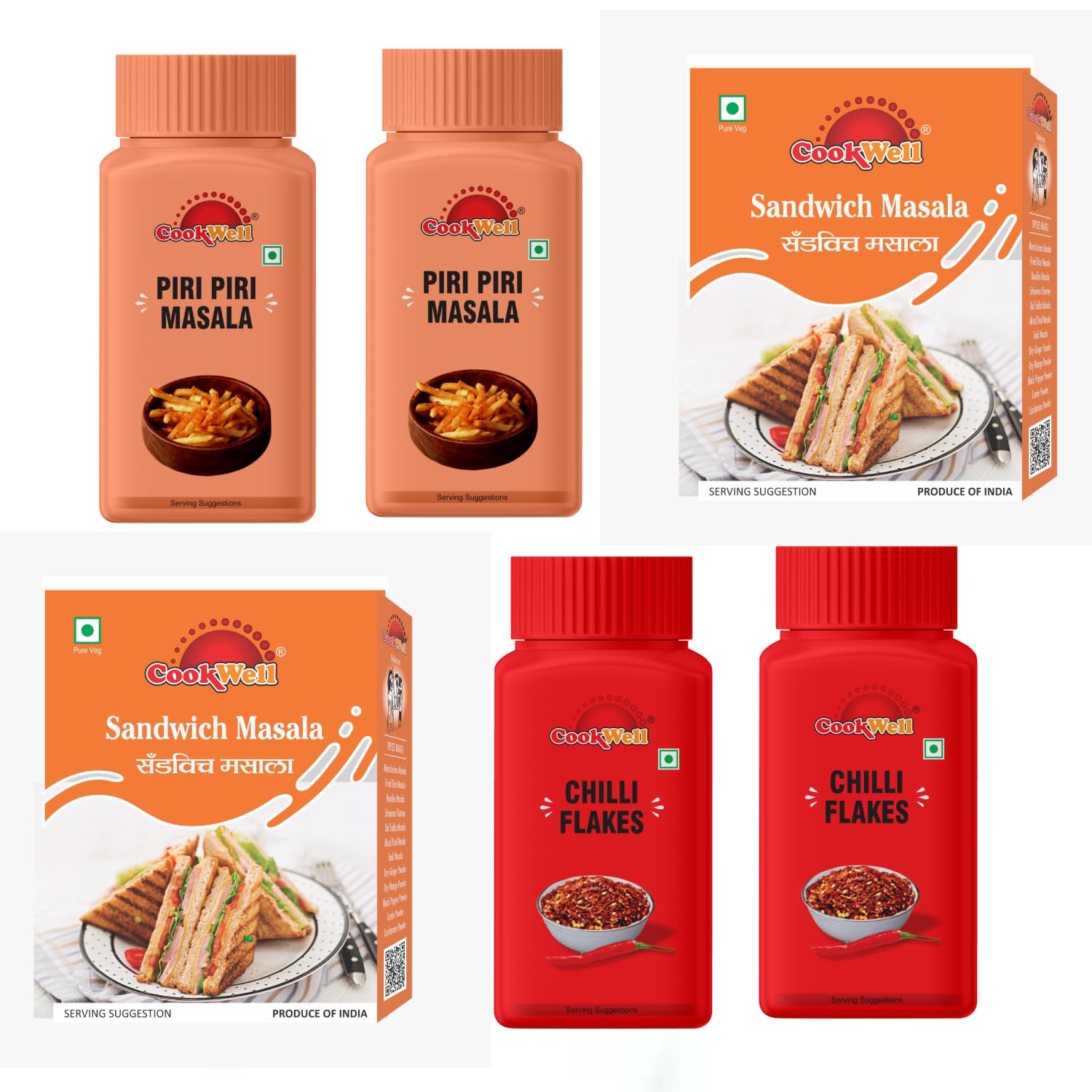 Cookwell Spices Combo - Peri Peri Mix 60g × 2, Sandwich Mix 60g × 2, Chilli Flakes 35g × 2 | Multipurpose Flavorful Spice Blend Seasoning for Snacks, Sandwiches, Burgers, Pizzas and More (Pack of 6)-image-17