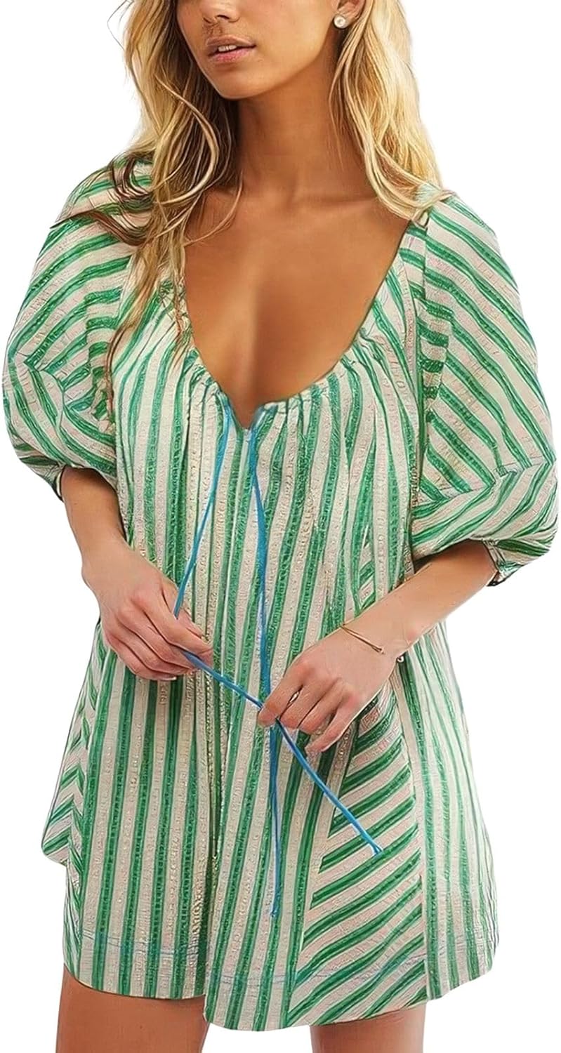 ebossy Womens Summer Casual Striped Rompers Puff Sleeve Wide Leg Shorts Jumpsuit Loose Fit Vacation Outfits