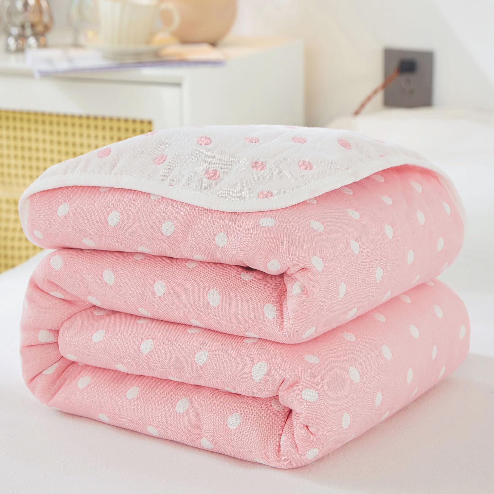 Xrare Cotton Throw Blanket, Single size Thin Bed Blanket, 6 Layer Soft Cotton Yarn, For Sofa Bed Naps, Dot Pink 150x200cm