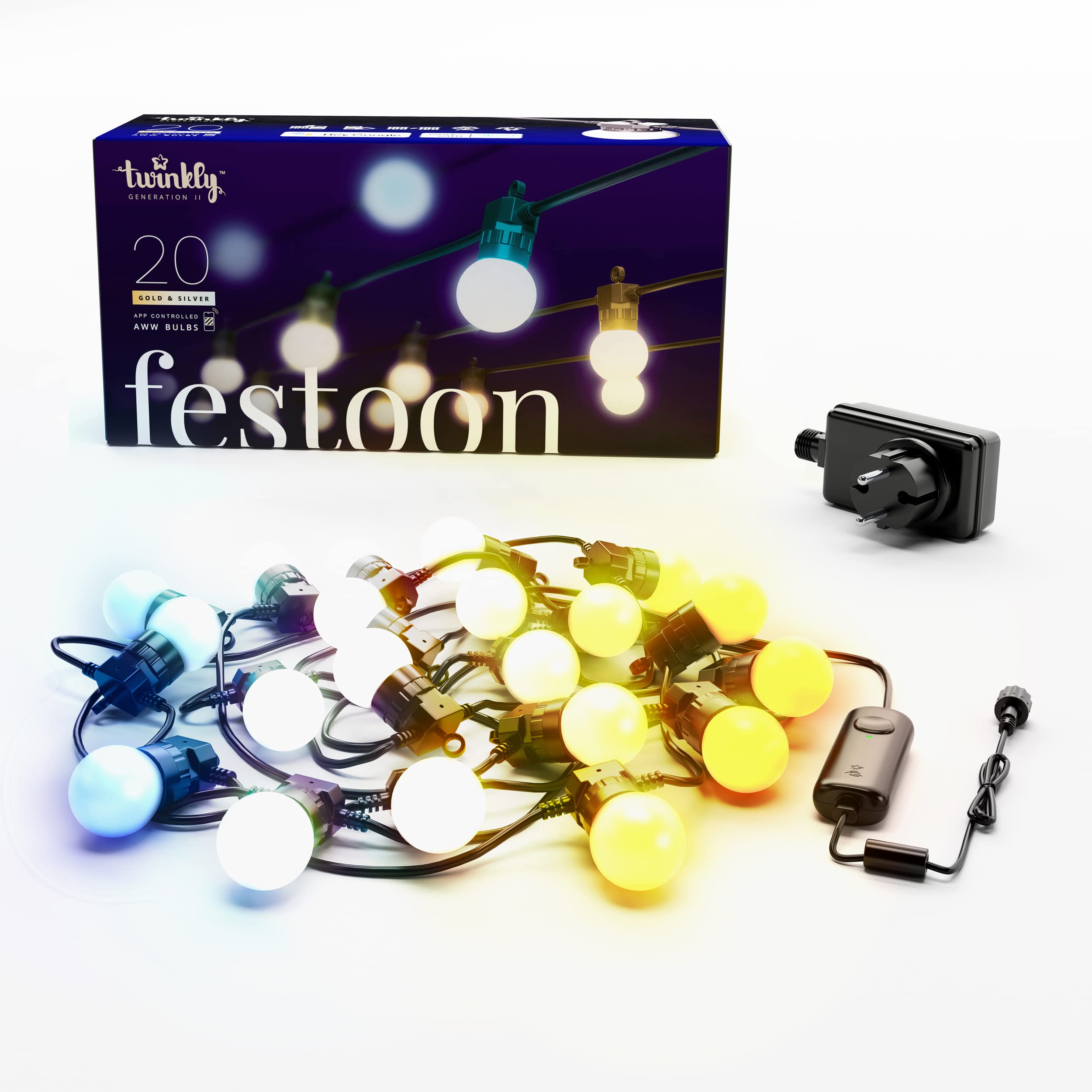 Twinkly Festoon 20 LED Bianchi, Catena Luminosa con 20 Lampadine LED, Luci Esterno e Interno da Bianco Caldo a Freddo, Compatibile con Alexa, Google Home, IP44, Controllata da App, Cavo Nero, 10m
