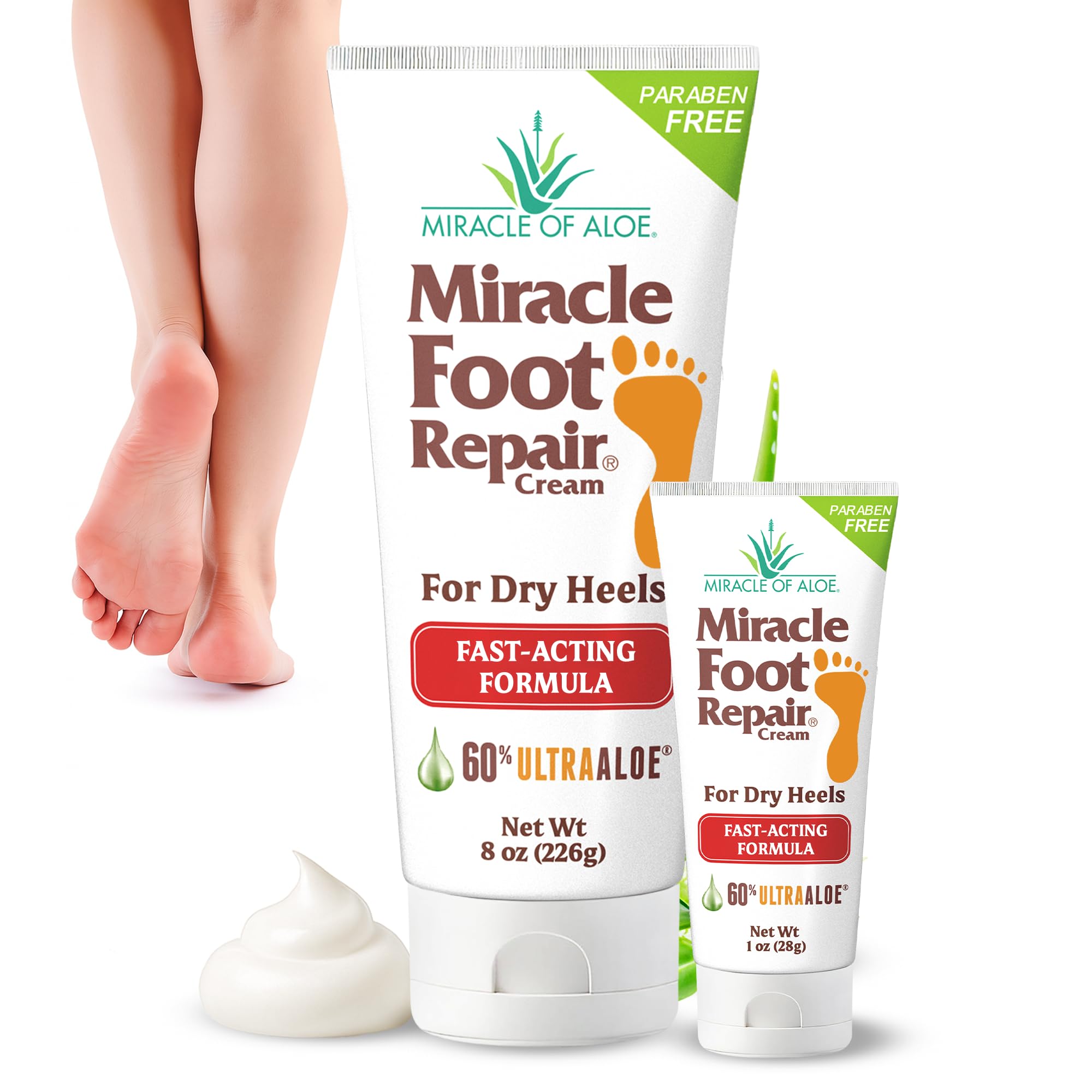 Miracle Foot Repair Cream (8 oz & 1 oz) Repairs Dry Cracked Heels and Feet, 60% Pure UltraAloe Moisturizes, Softens, and Repairs