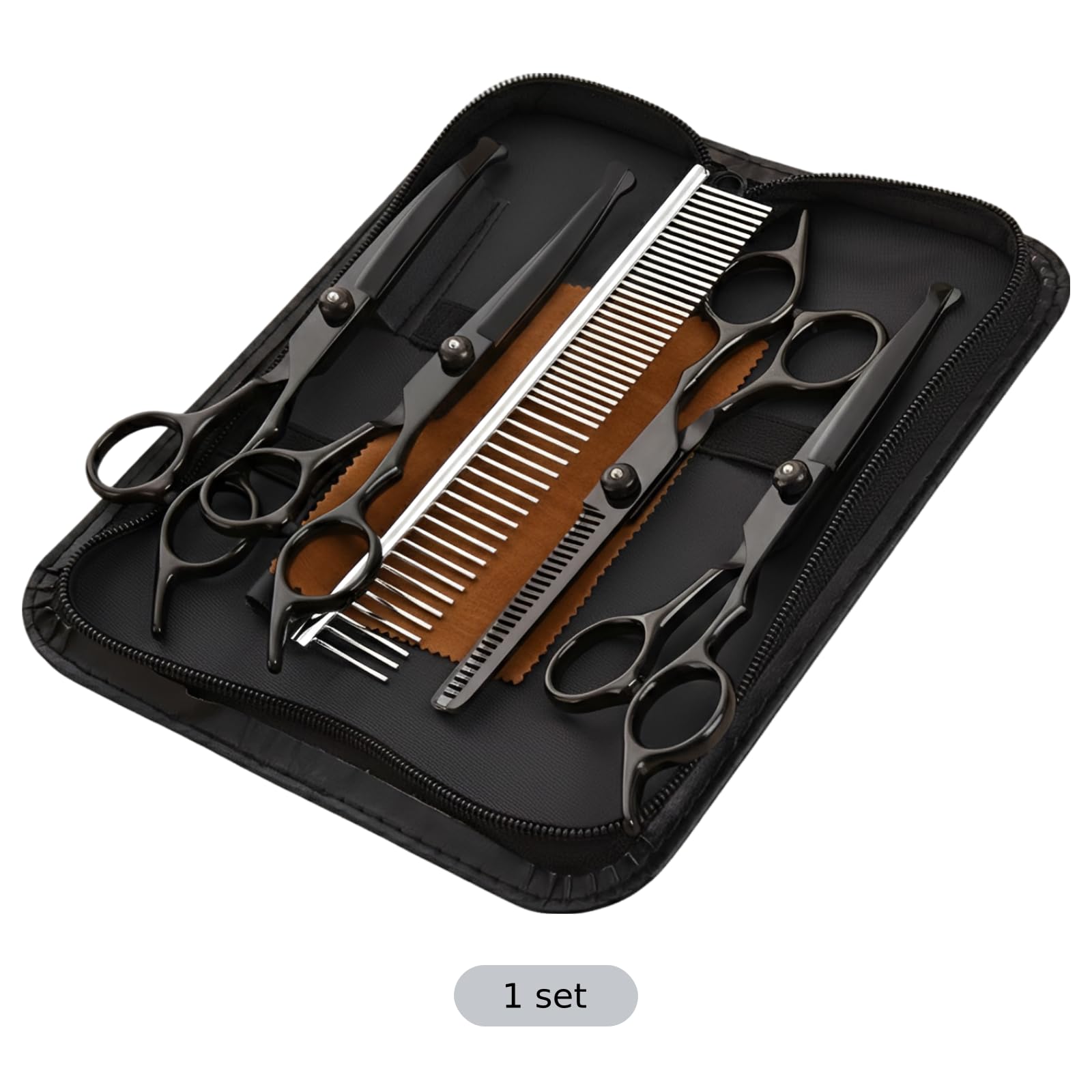 7-tlg. Fellpflege-Scheren-Set für Hunde mit gerader Schere, Effilierschere, gebogenen Hundescheren, Stahlkamm, Reinigungstuch und Etui, 6 in / 15,2 cm, Edelstahl, zum Schneiden von Tierhaaren zu Hause