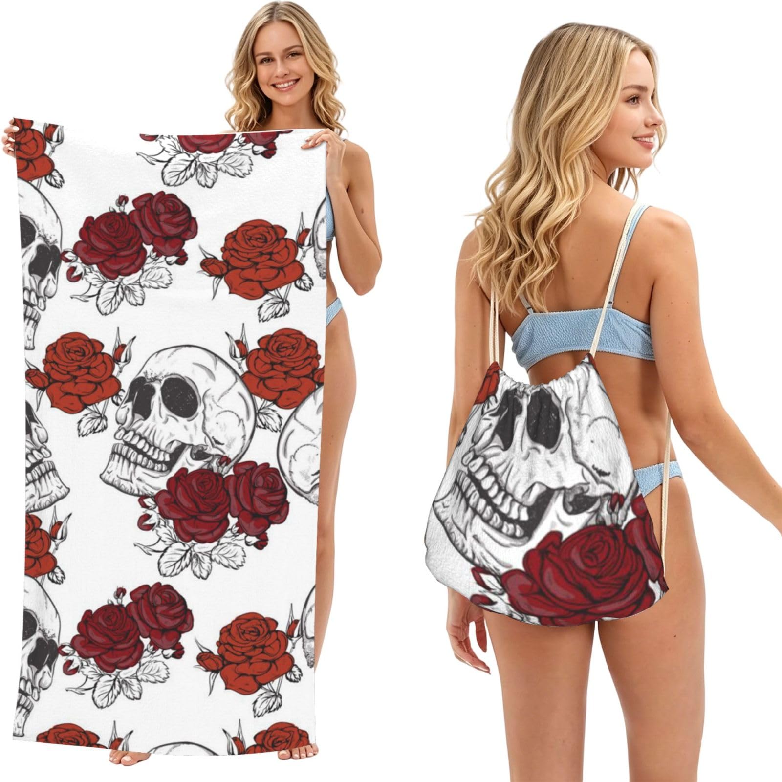 WSHFFILO Floral Skull printed 2 in 1 Packable Towel Bag Bath Towel Beach Towel