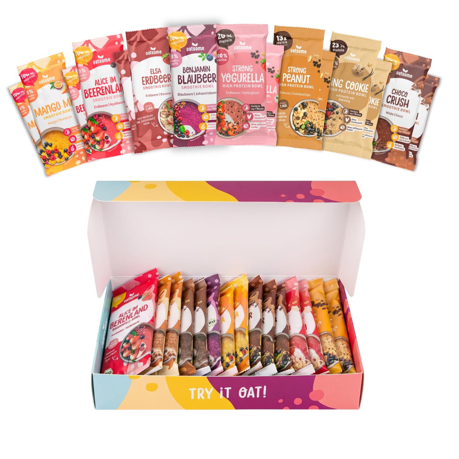 OATSOME® Smoothie Bowls Probierpaket I Neuer Inhalt | 15x50g Portionsbeutel | 100% Natürlich, Vegan & Ohne Zuckerzusatz | Frühstück | Gefriertrocknung | Zum Mitnehmen & Testen