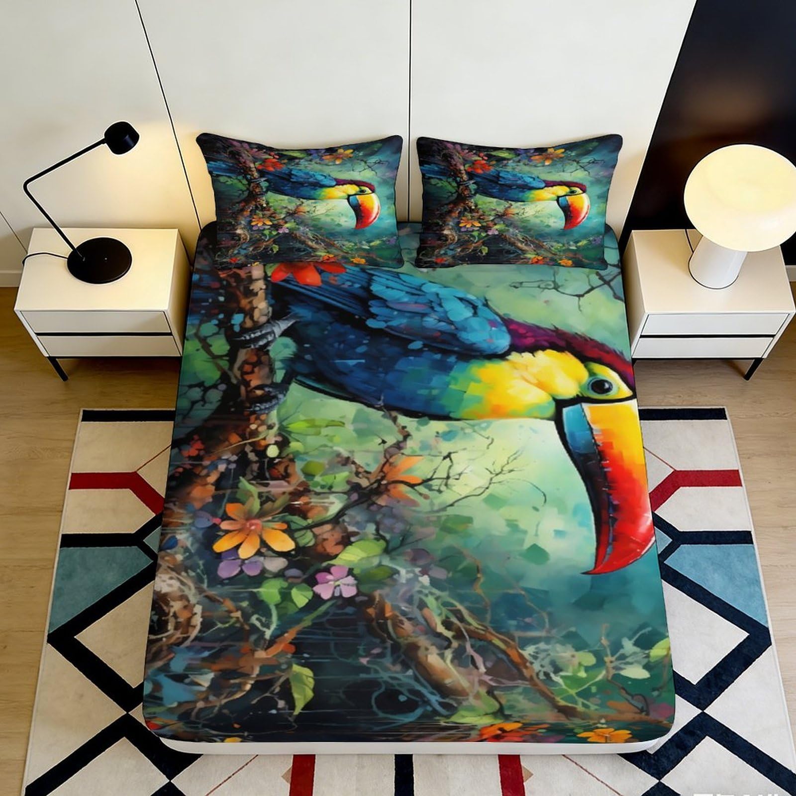 3D Printed Toucan Colorful Bird Fitted Sheet Microfiber Soft Breathable Tropical Jungle Bed Cover for Bedroom Dormitory Guest Room Mattress Protection 120x200x25cm
