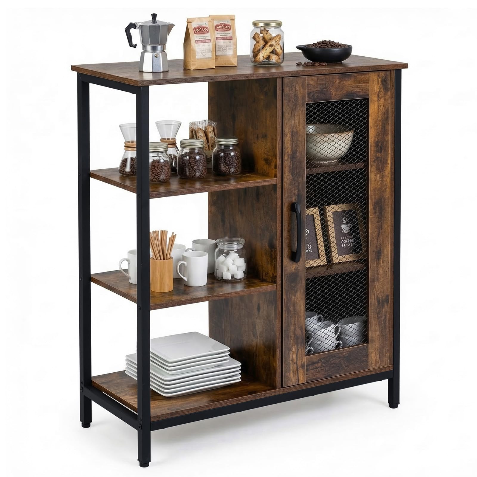 COSTWAY Sideboard Holz, Küchenschrank mit Tür, offenen Ablagen & verstellbaren Einlegeböden, Rahmen aus Kohlenstoffstahl, Anrichteschrank Buffetschrank, Schrank Vintage, 70 x 30 x 81 cm (Braun)
