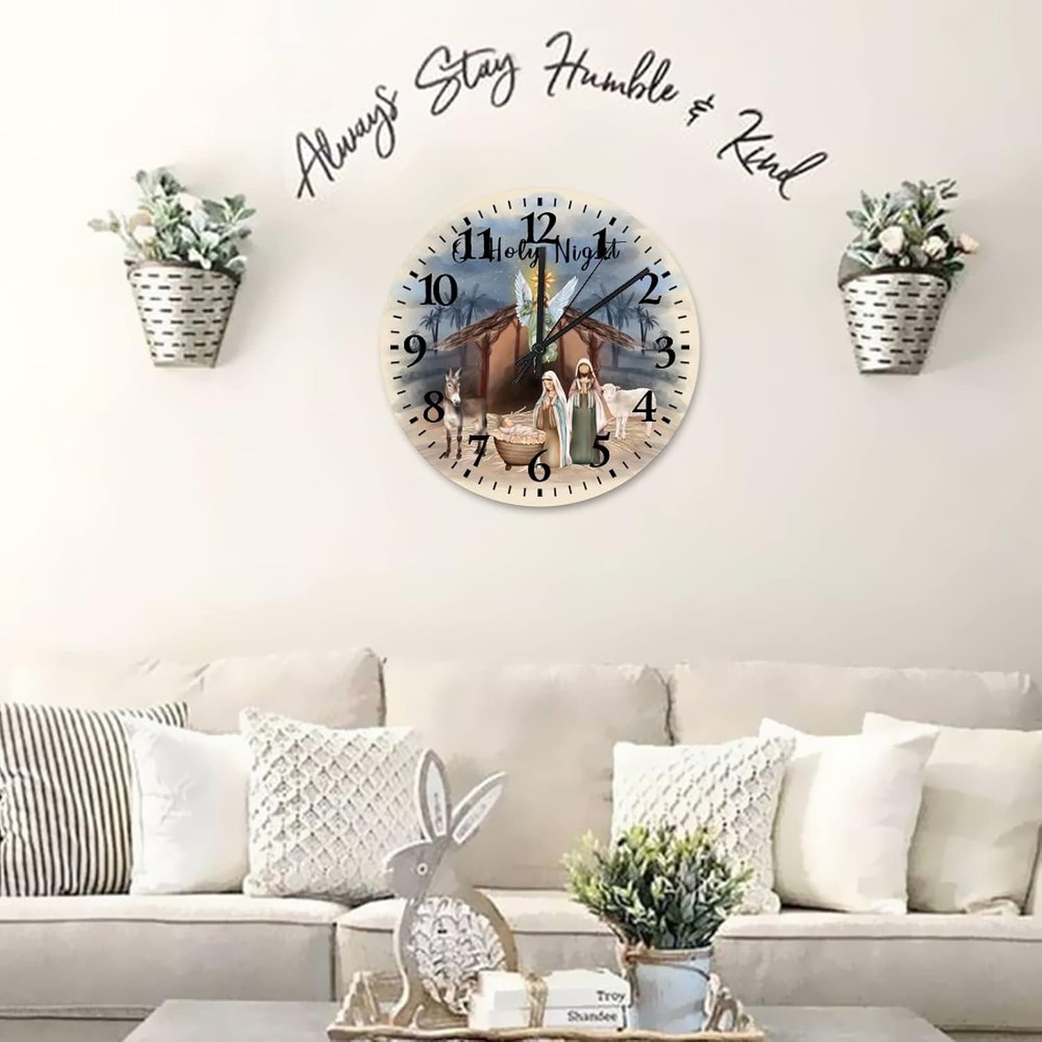 Birth of Jesus Wood Clock 15 Inch, As A Gifts for Kids Wall Clock Modern Battery Operated Quartz Quiet Round Arabic Numbers Clock for Living Room Office