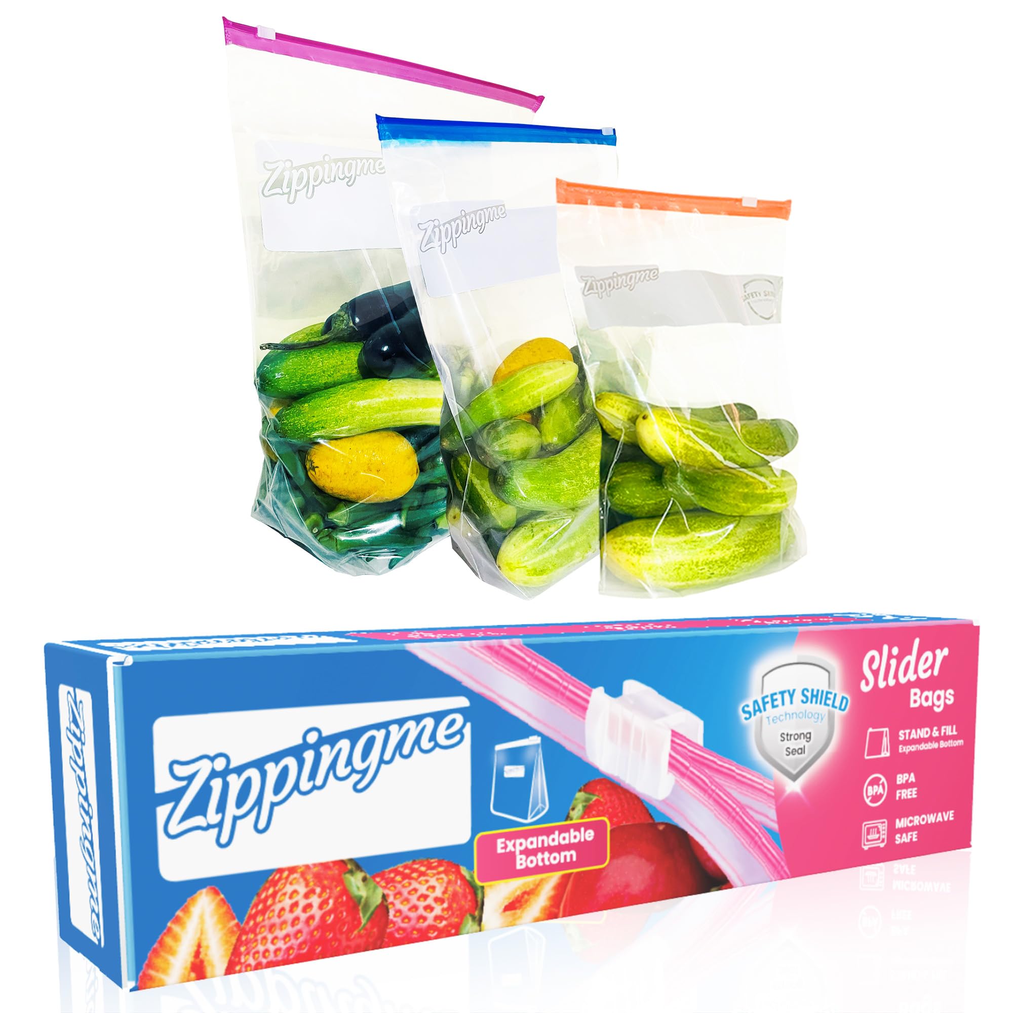 ZippingMe - 45 Ziplock Bags/Pouch (15 Medium + 15 Large + 15 Extra Large) with Expandable Bottom | Multipurpose Zip Lock Slider Bags | Fridge, Grocery, Food, Vegetable Zipper Storage Bags