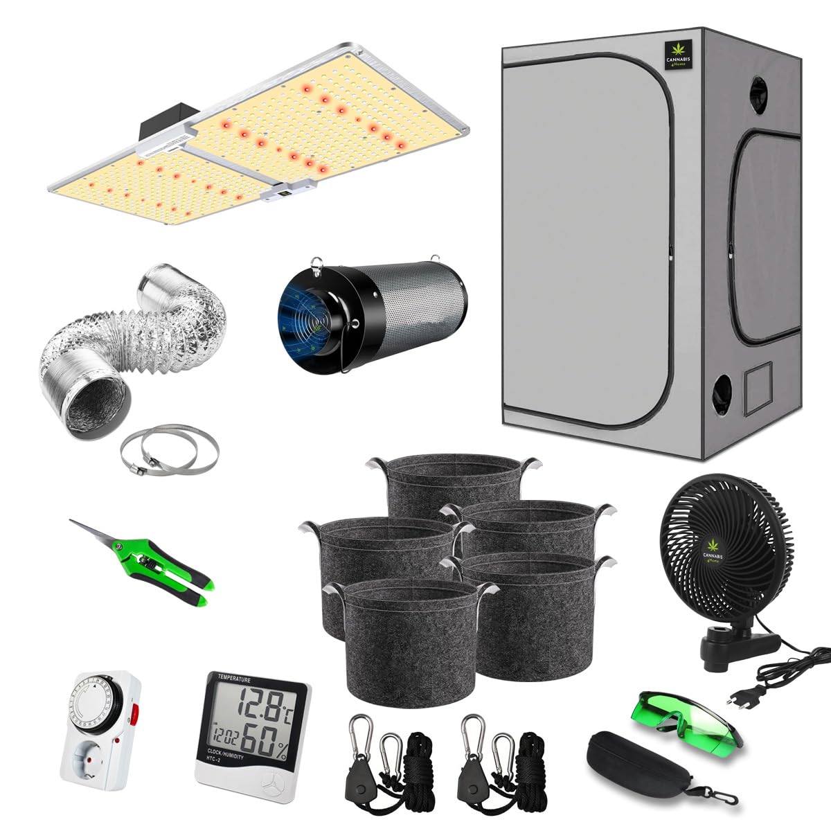 cannabis zelt set Canna4Home Grow Komplettset 100 x 100 x 200cm grau Anbau Gewächshaus mit dimmbarer LED Vollspektrum Grow-Lampe, mit Abluftset, Pflanztöpfe, Clipventilator und Zubehör Homebox Zuchtzelt Garten Color:Blanc Geldgeschenk Verpackung Essen Restaurant fly rcaing